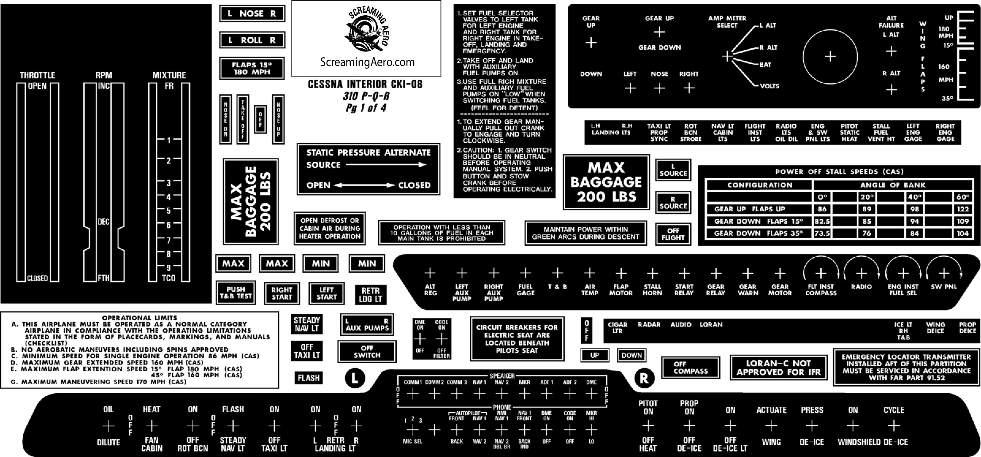 Cessna 310 P-Q-R Interior Placard Kit