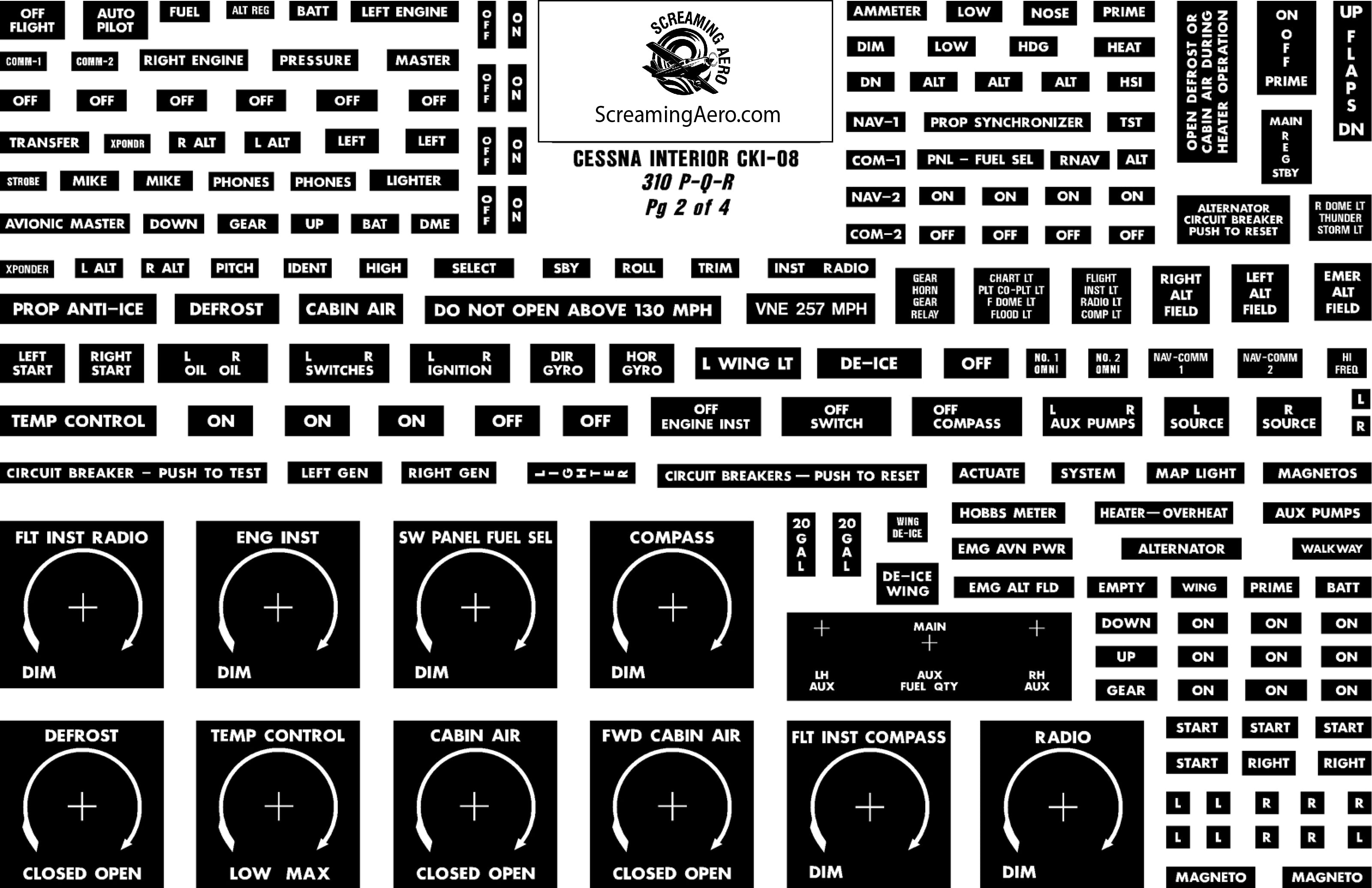 Cessna 310 P-Q-R Interior Placard Kit