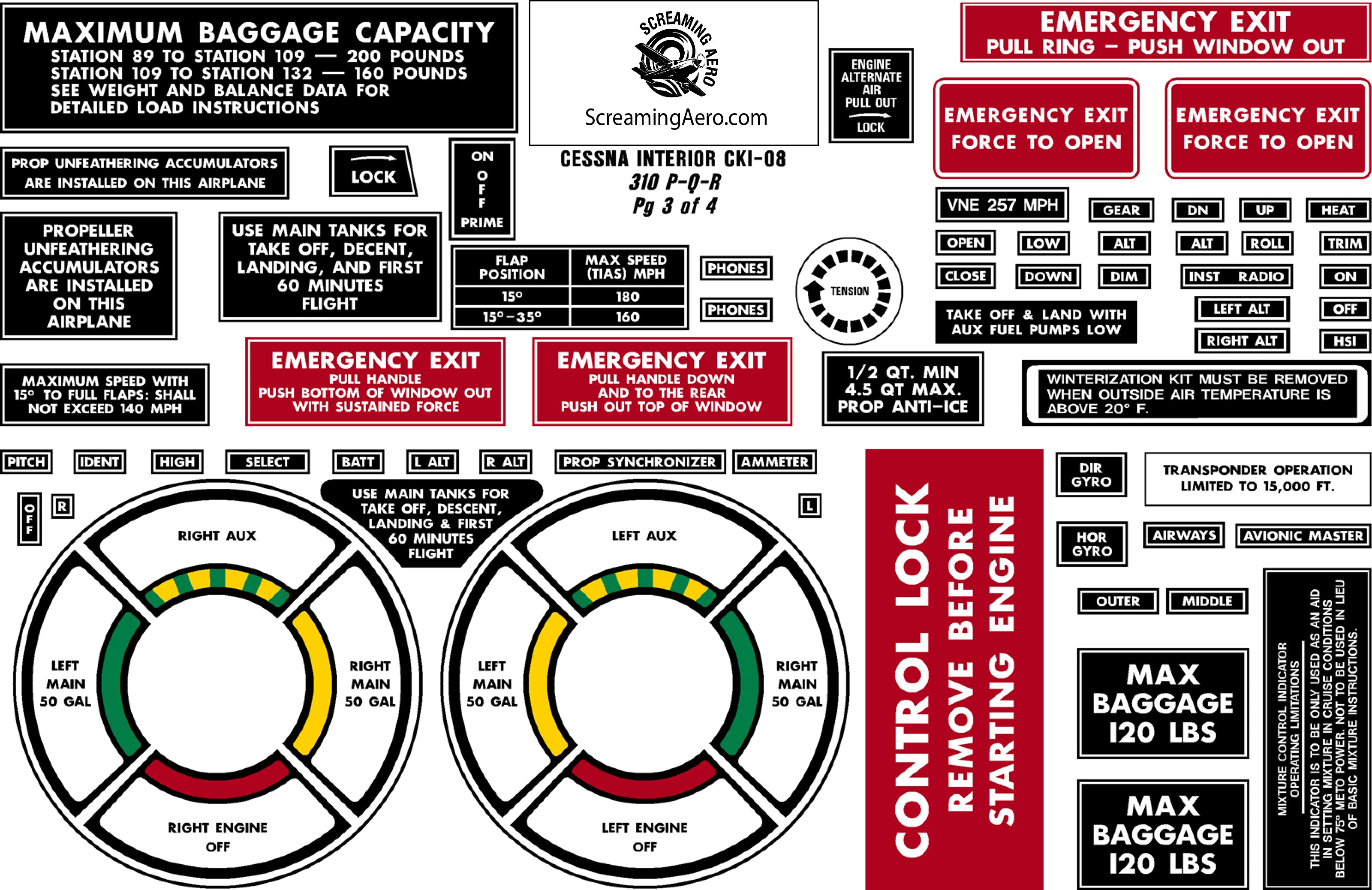 Cessna 310 P-Q-R Interior Placard Kit