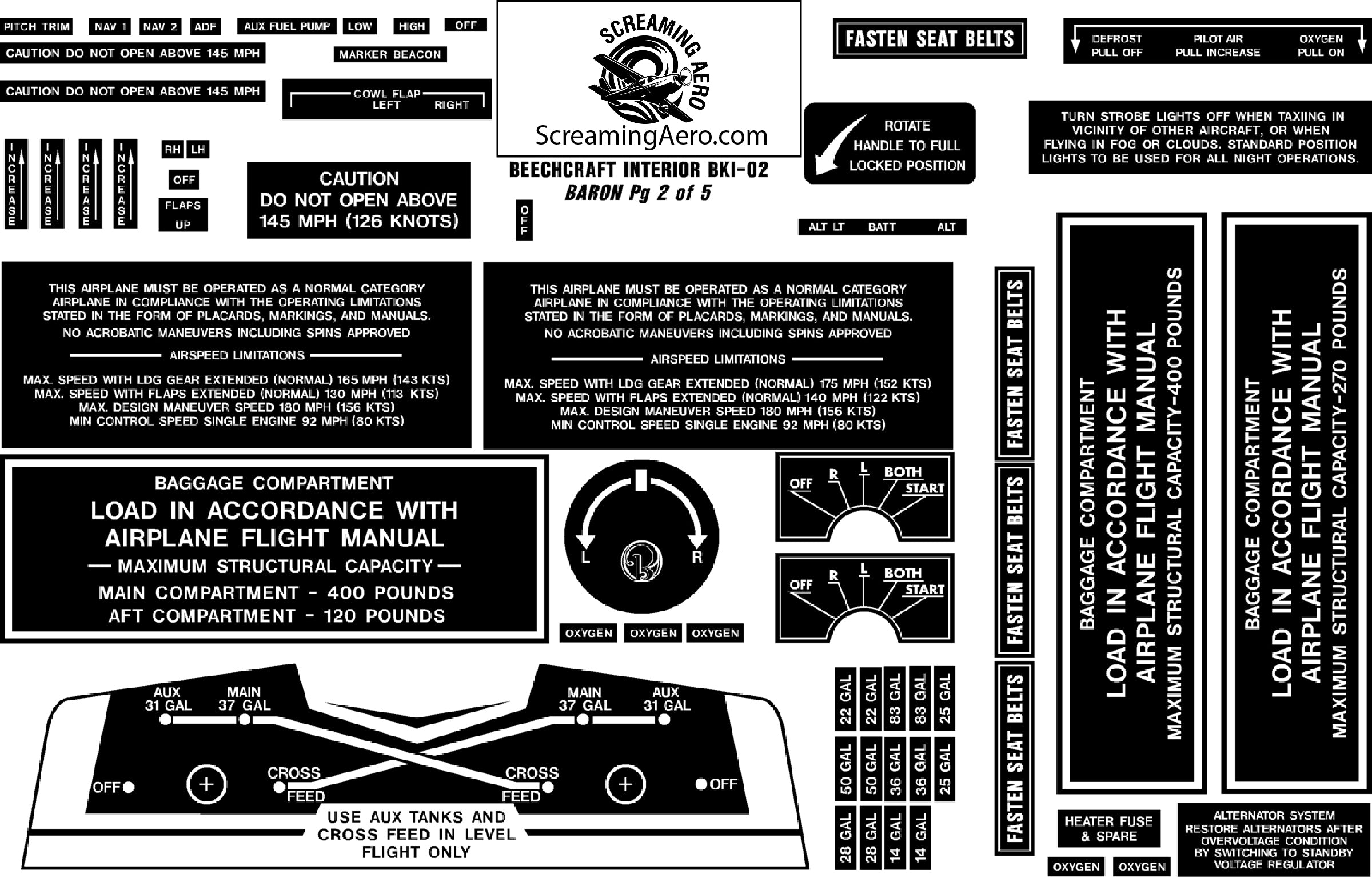 Beechcraft Baron Interior Placard Kit
