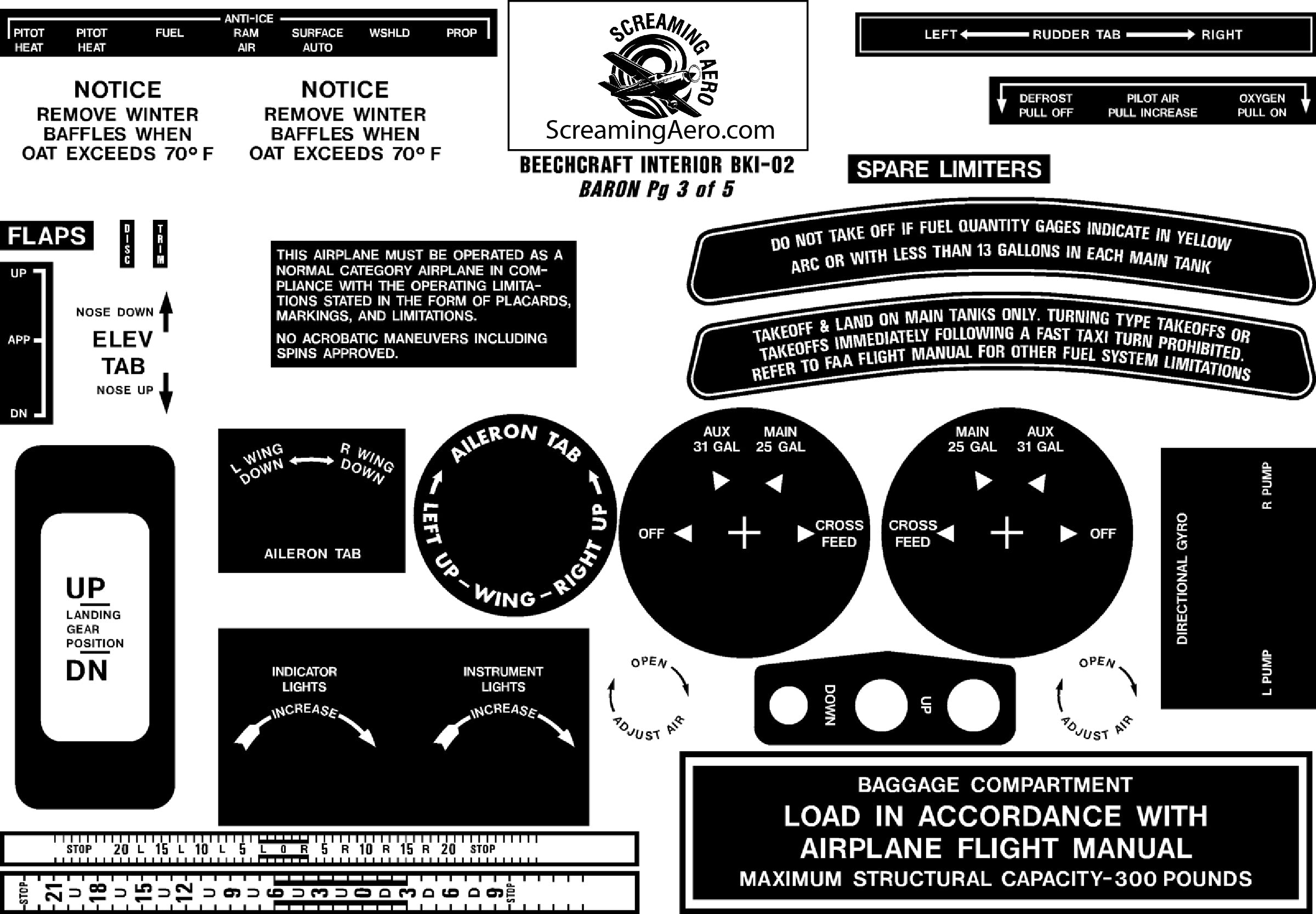 Beechcraft Baron Interior Placard Kit