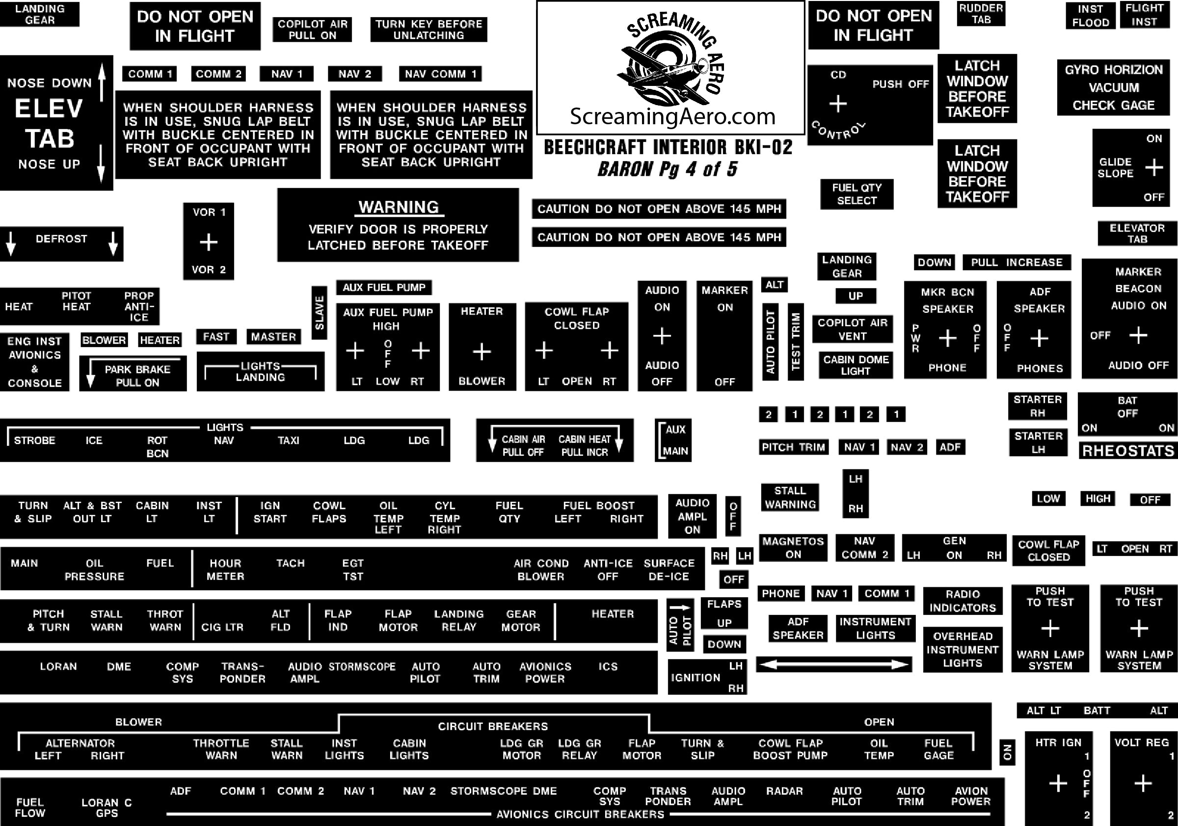 Beechcraft Baron Interior Placard Kit
