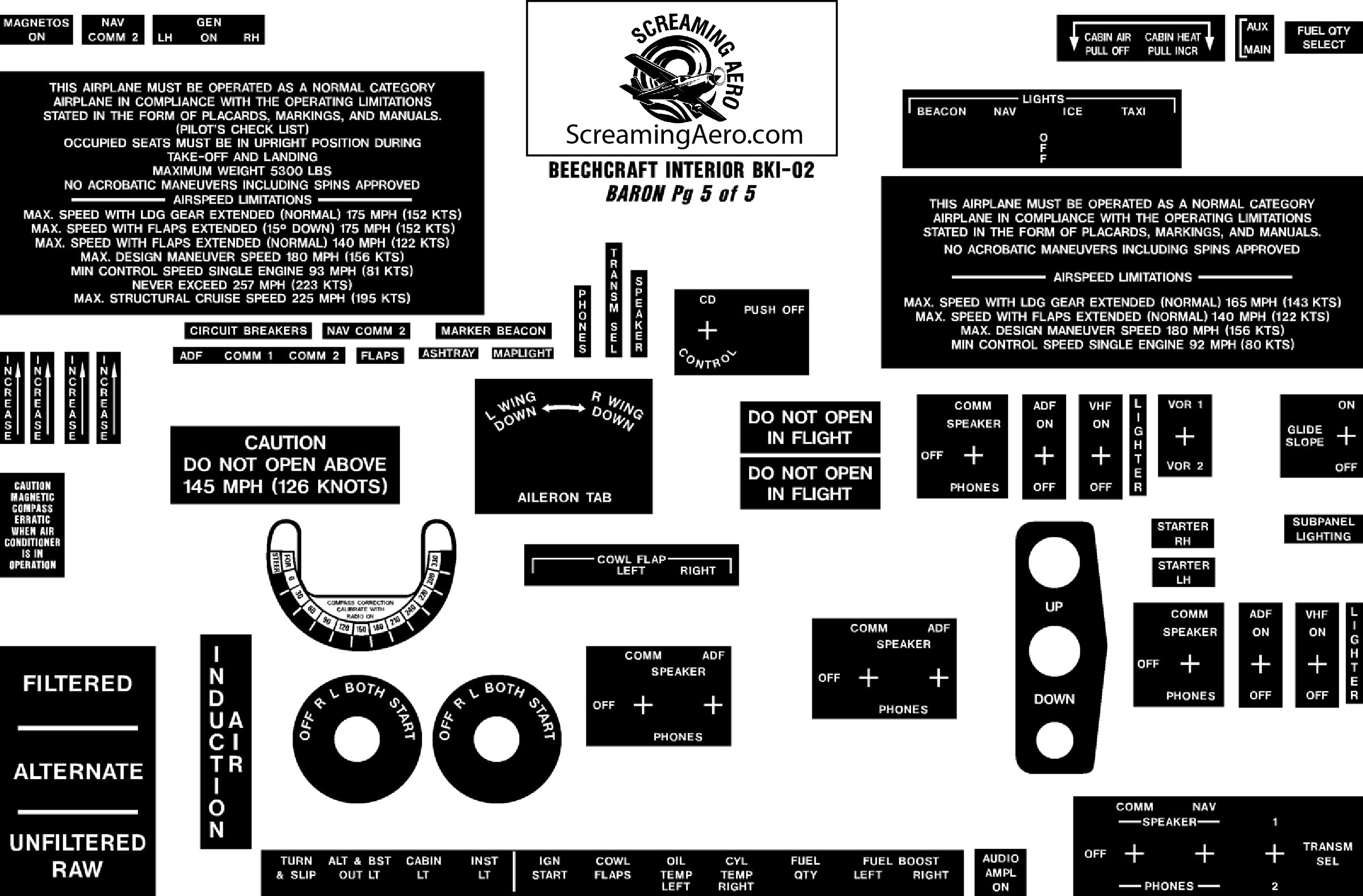 Beechcraft Baron Interior Placard Kit