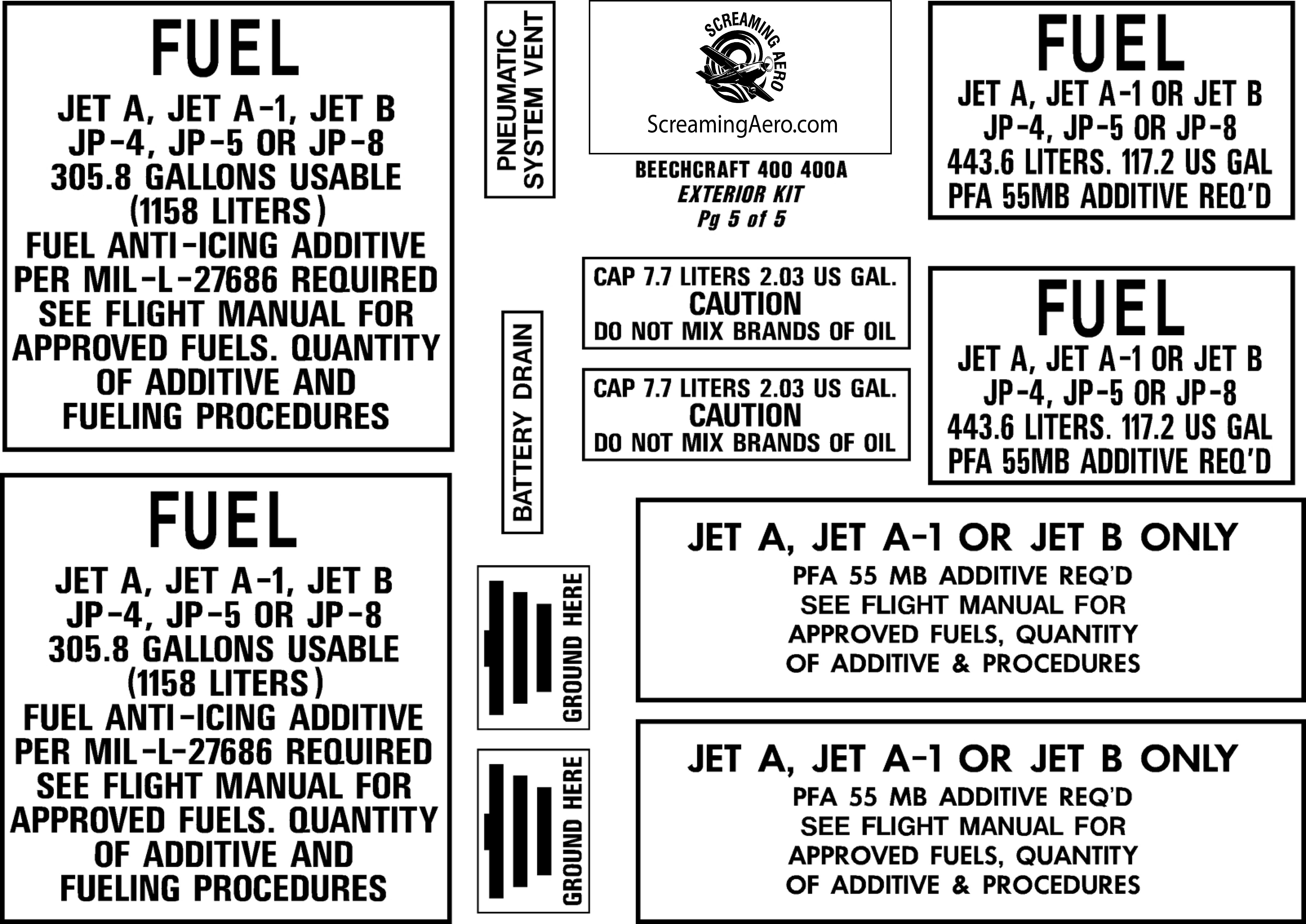 Beechcraft Beechjet 400 Exterior Placard Kit