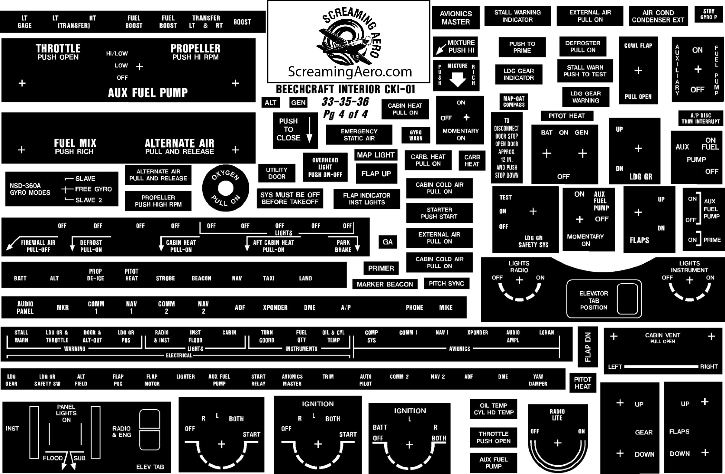 Beechcraft 33-35-36 4 Pg Interior Placard Kit