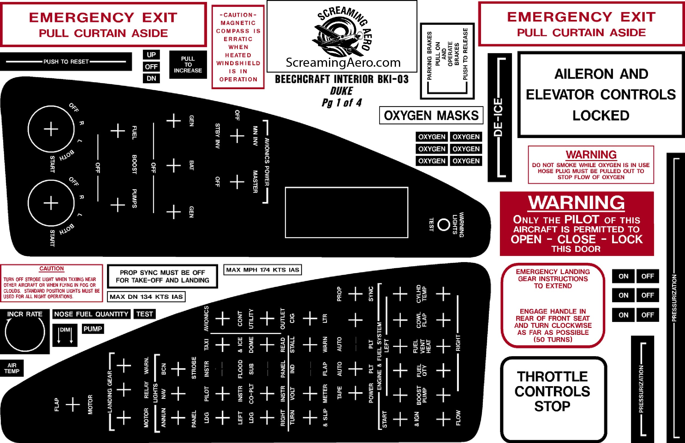 Beechcraft Duke Interior Placard Kit 4pg.