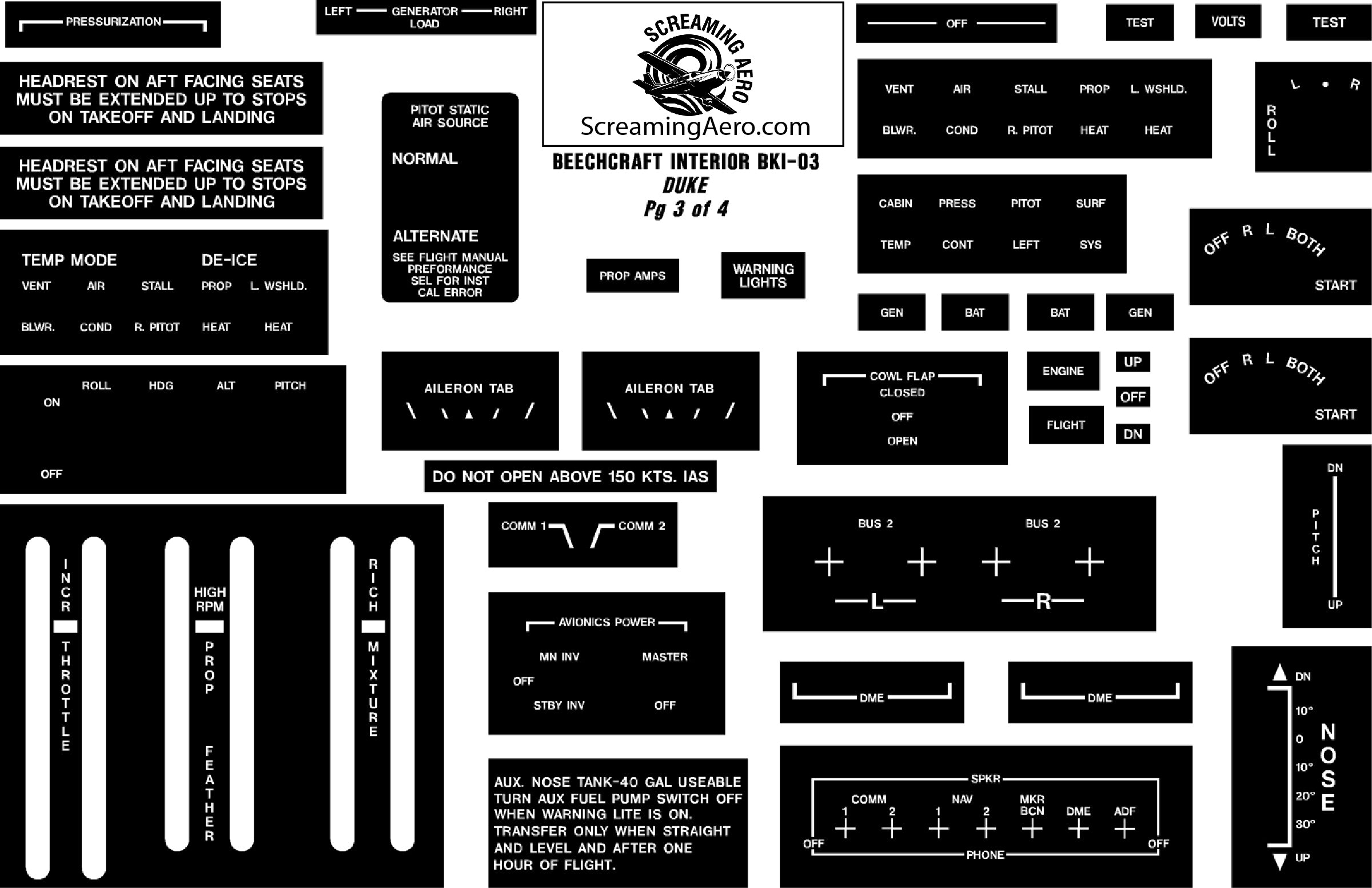 Beechcraft Duke Interior Placard Kit 4pg.