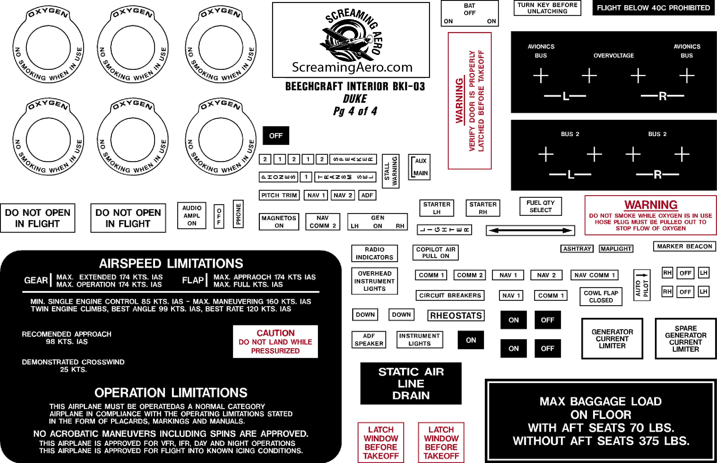 Beechcraft Duke Interior Placard Kit 4pg.