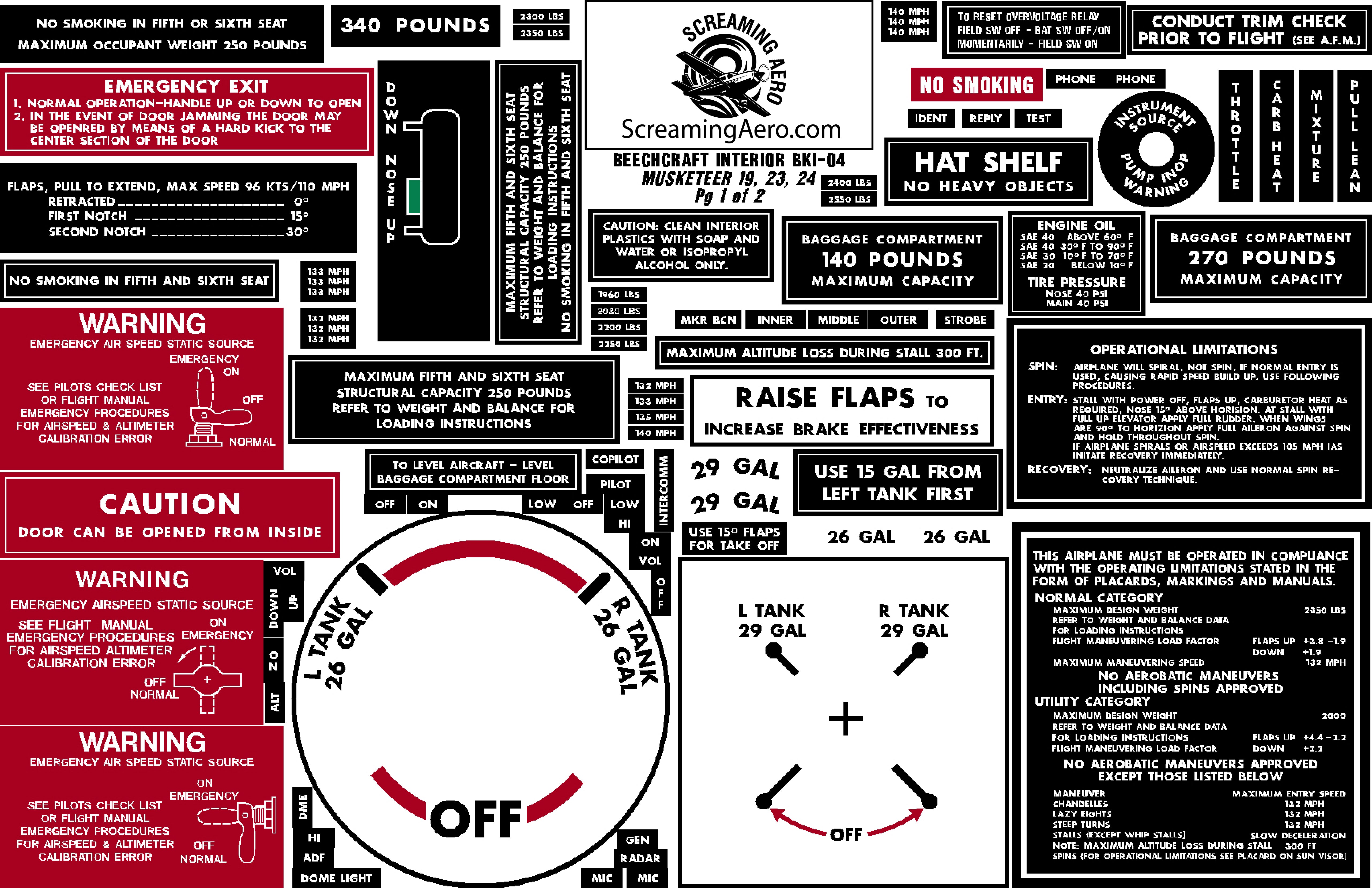Beechcraft-Interior-Placard-KIT-MUSKETEER-19-23-24
