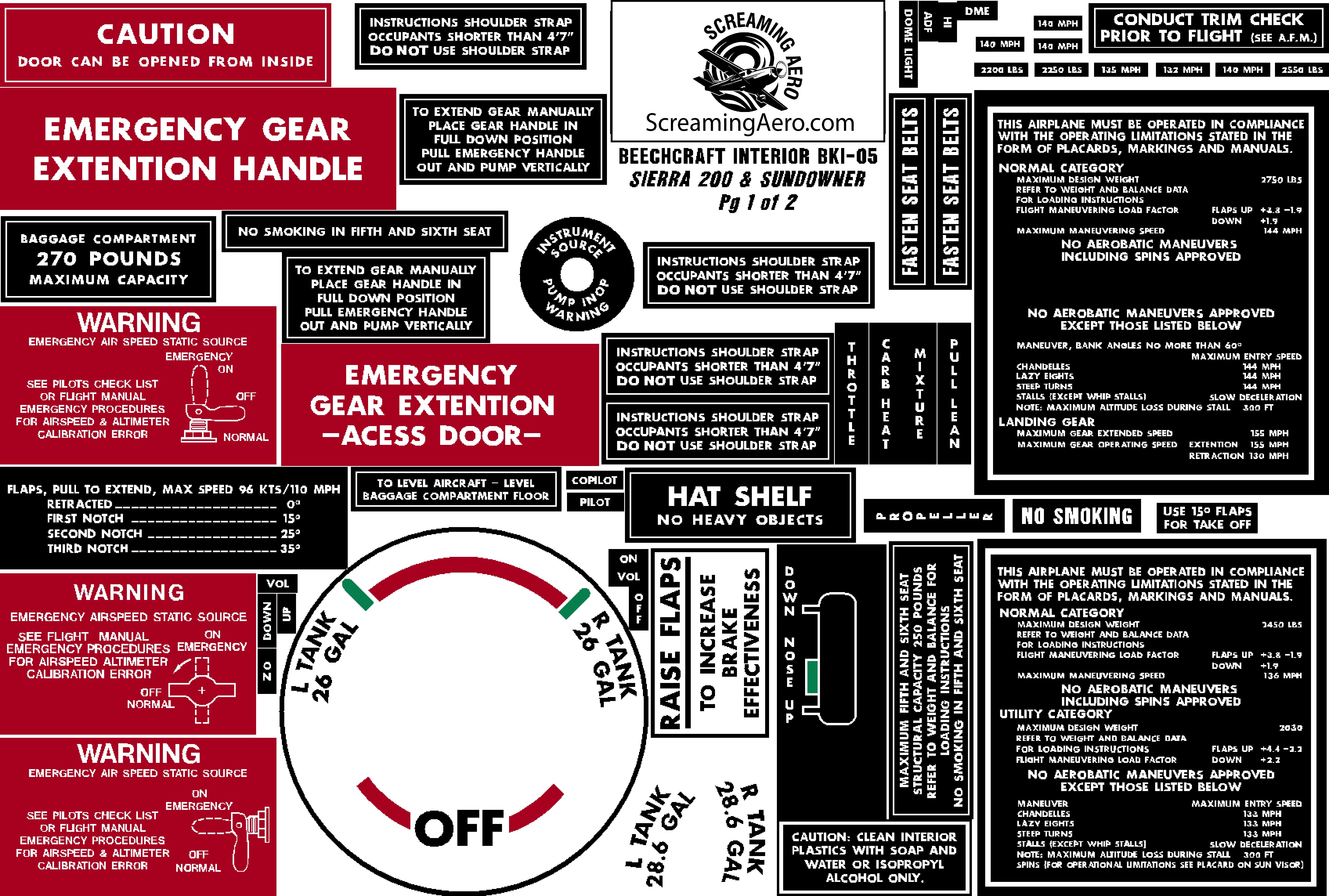 Beechcraft Interior Placard KIT SIERRA 200 & SUNDOWNER