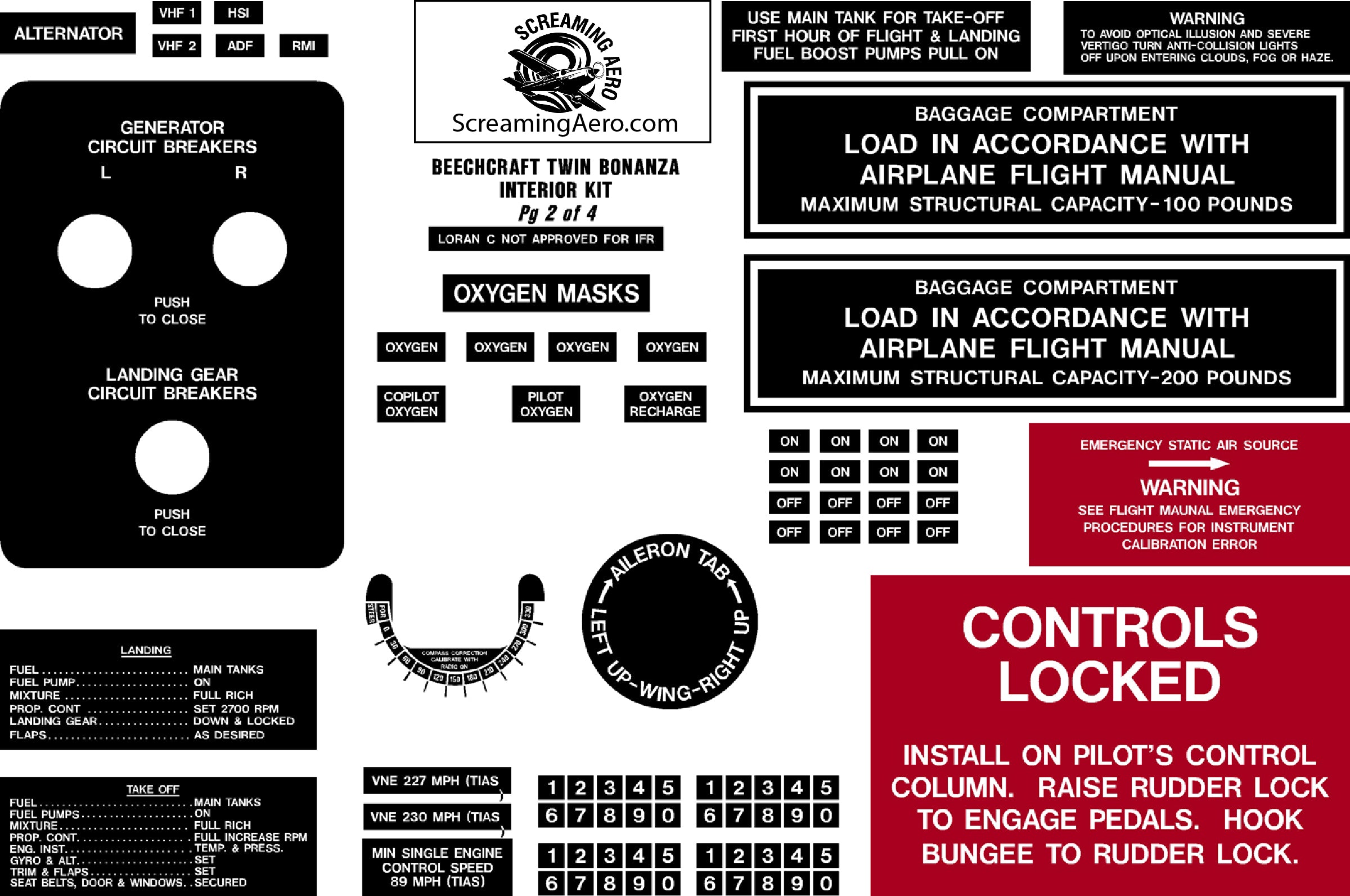 Beechcraft Twin Bonanza Interior Placard Kit