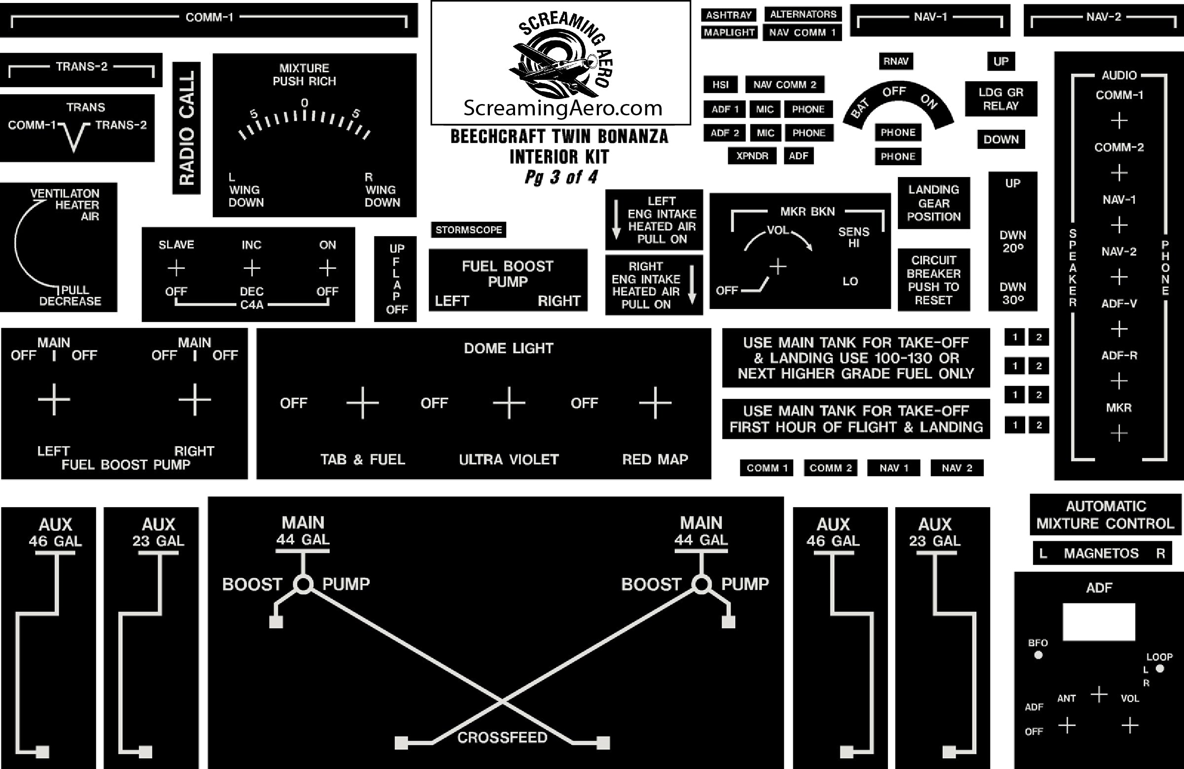 Beechcraft Twin Bonanza Interior Placard Kit