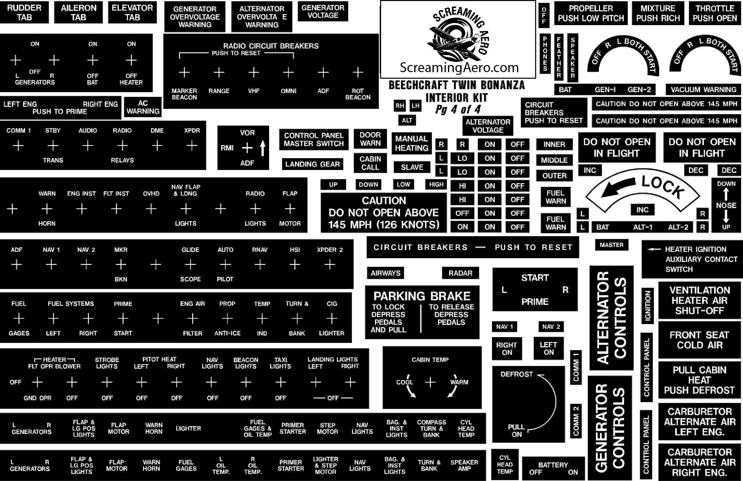 Beechcraft Twin Bonanza Interior Placard Kit