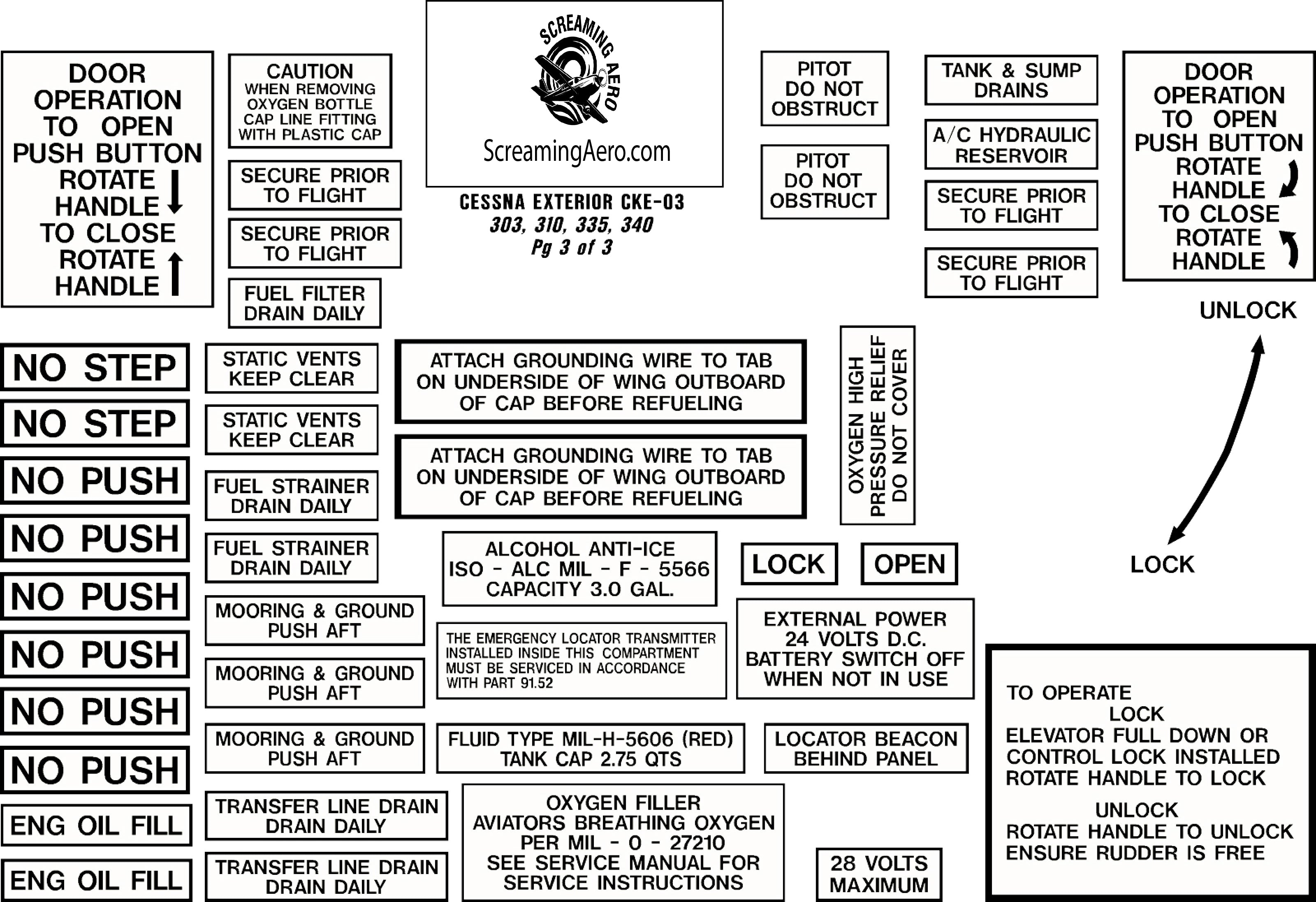 CESSNA 303 - 310 - 335 - 340 Exterior Placard Kit