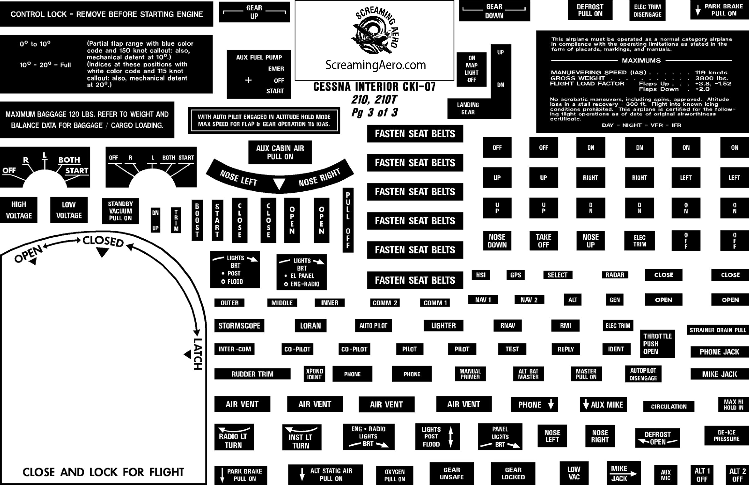 Cessna 210 - 210T Interior Placard Kit
