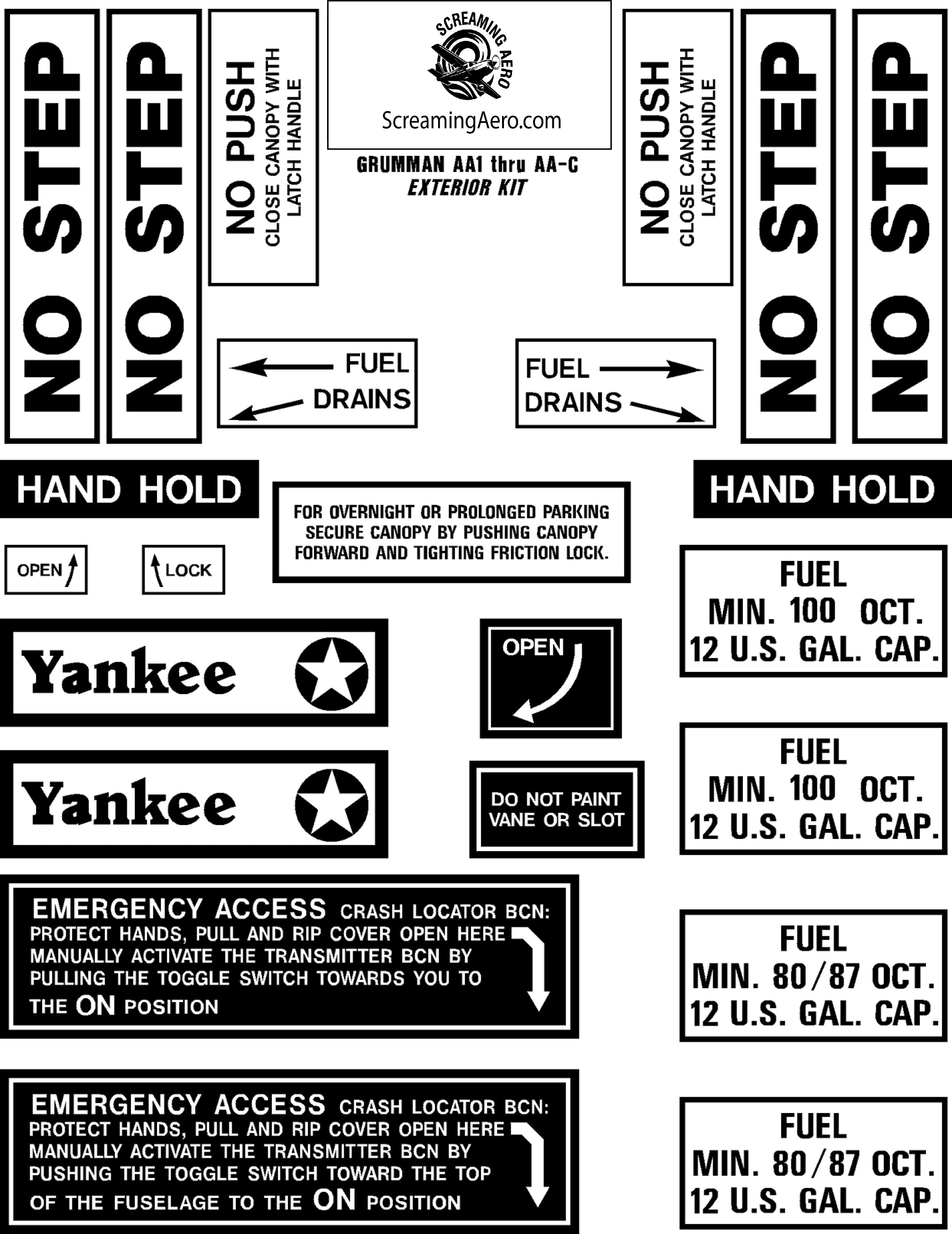 Grumman AA1-AA1C Exterior Placard Kit