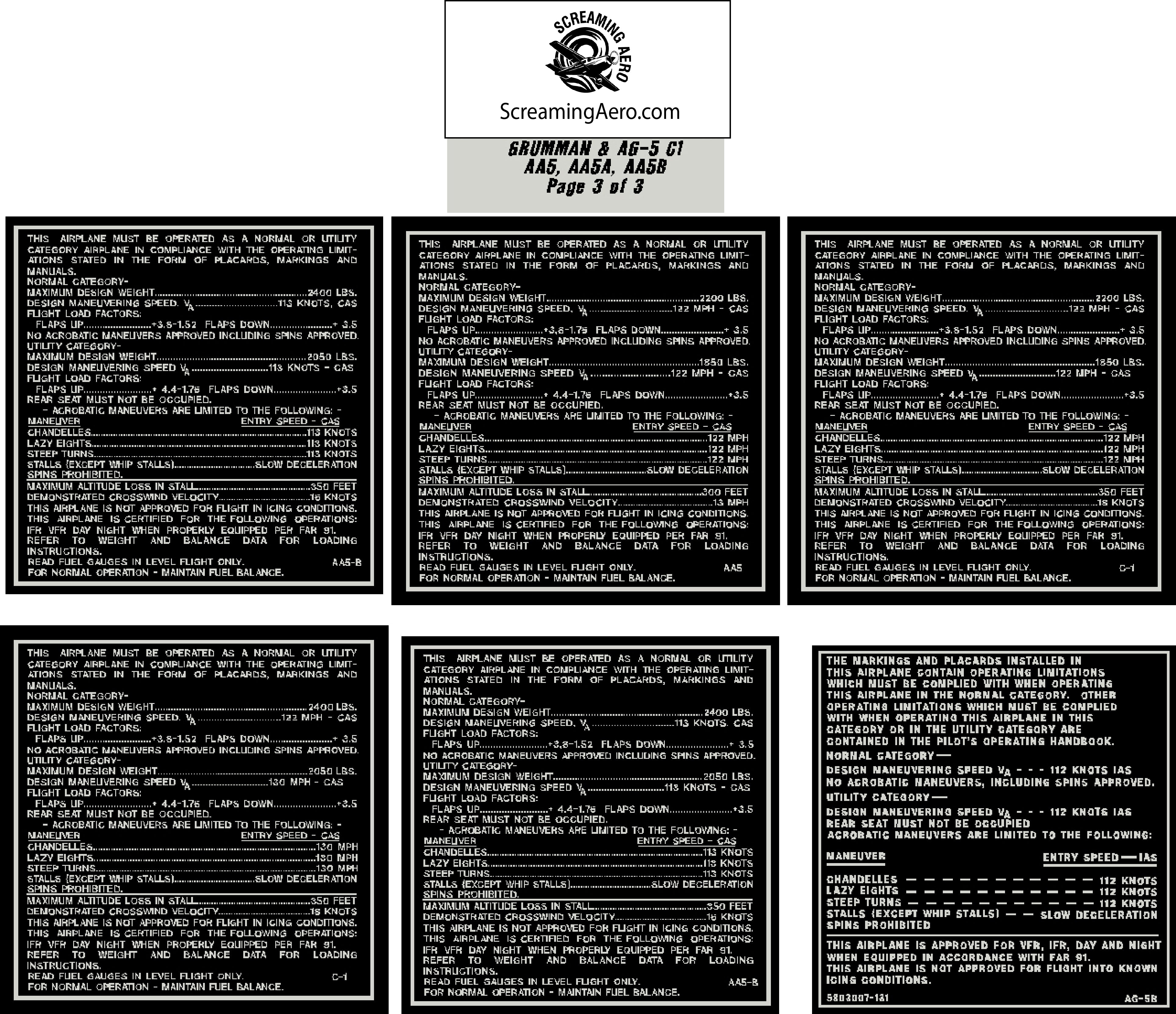 Grumman AA5-AA5A-AA5B C1 Interior Placard Kit