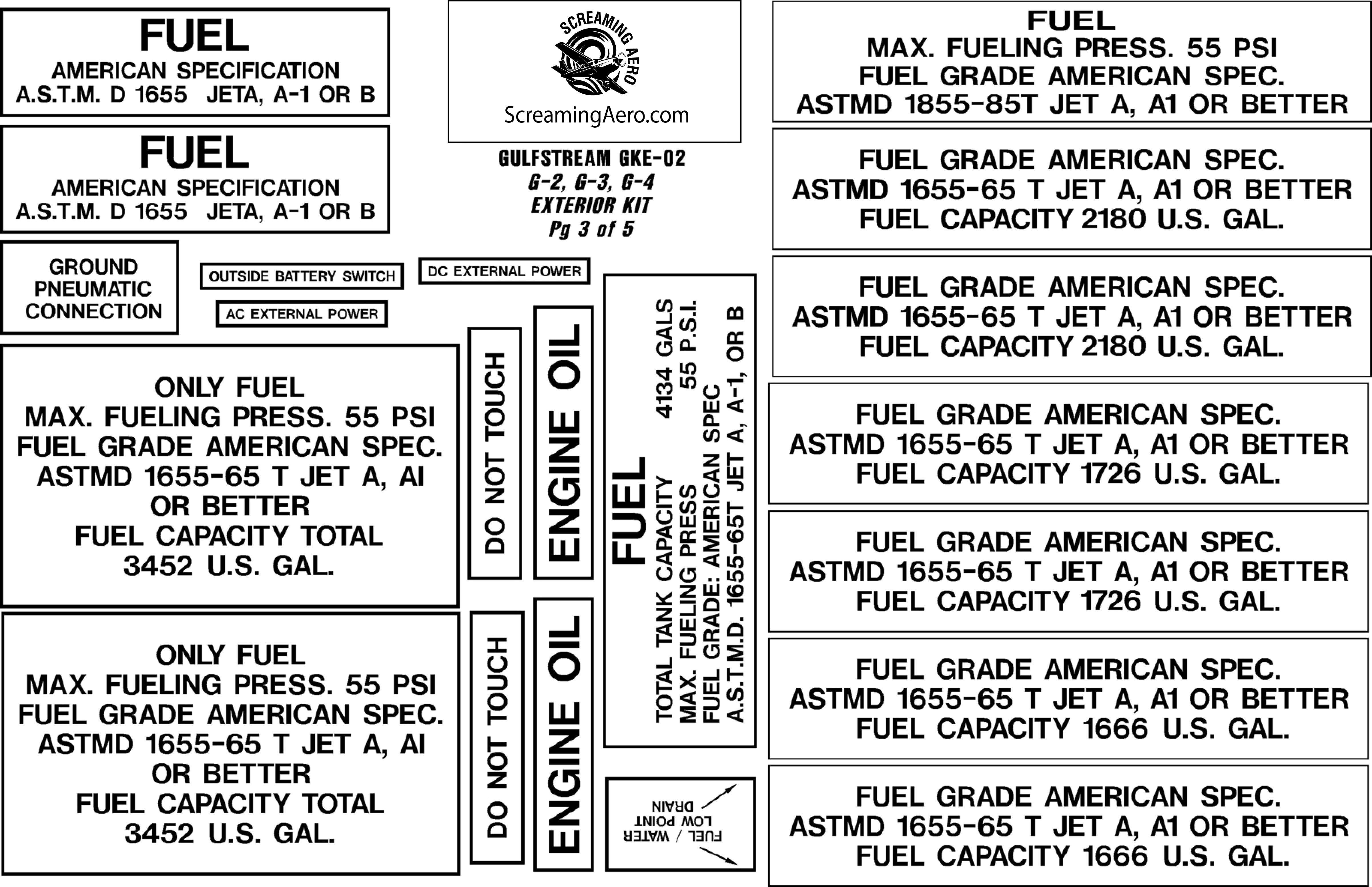 Grumman Gulfstream G2, G3. G4 Exterior Placard Kit