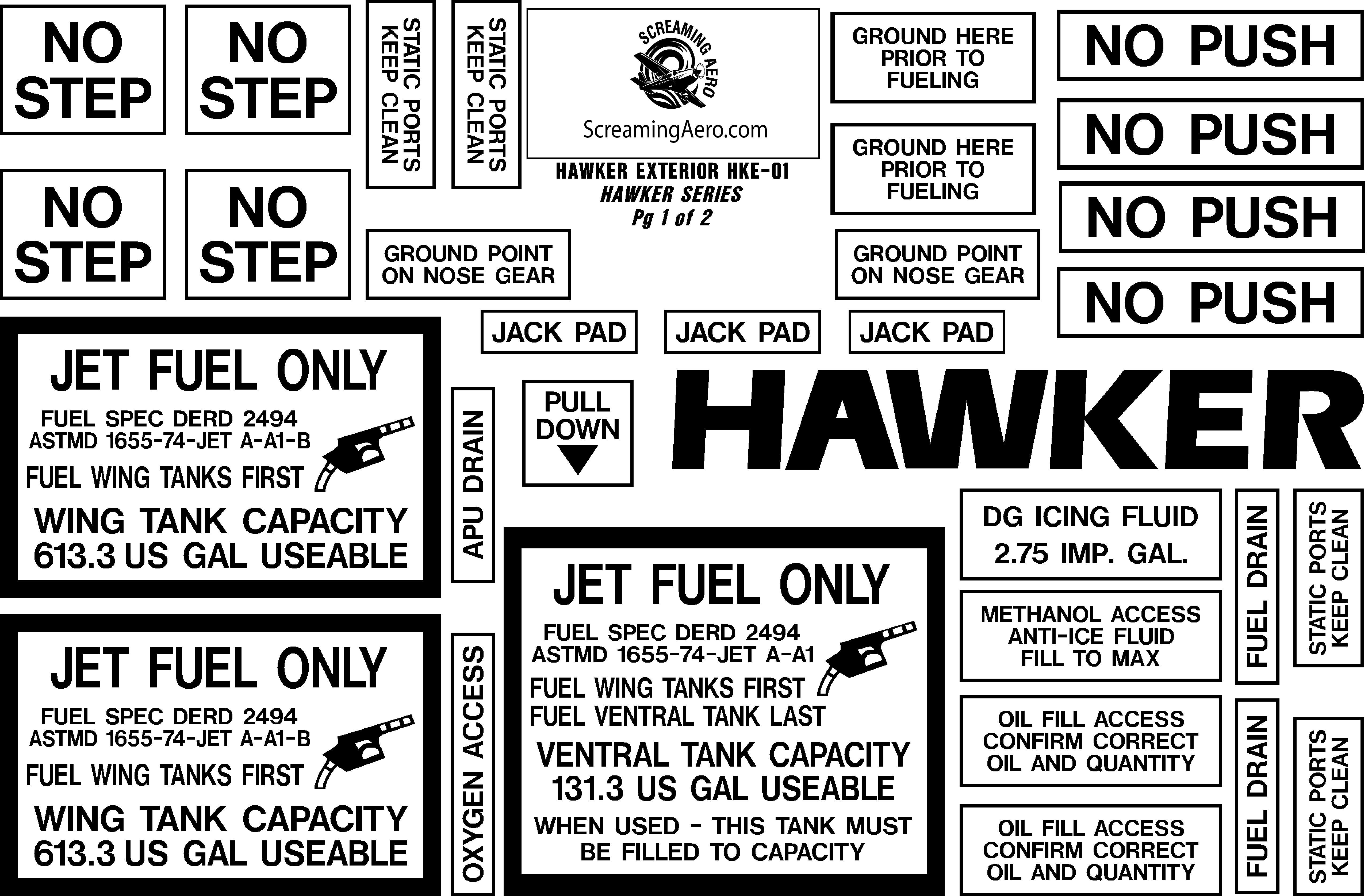 Hawker 125, 400, 600, 700 Series Exterior Placard Kit