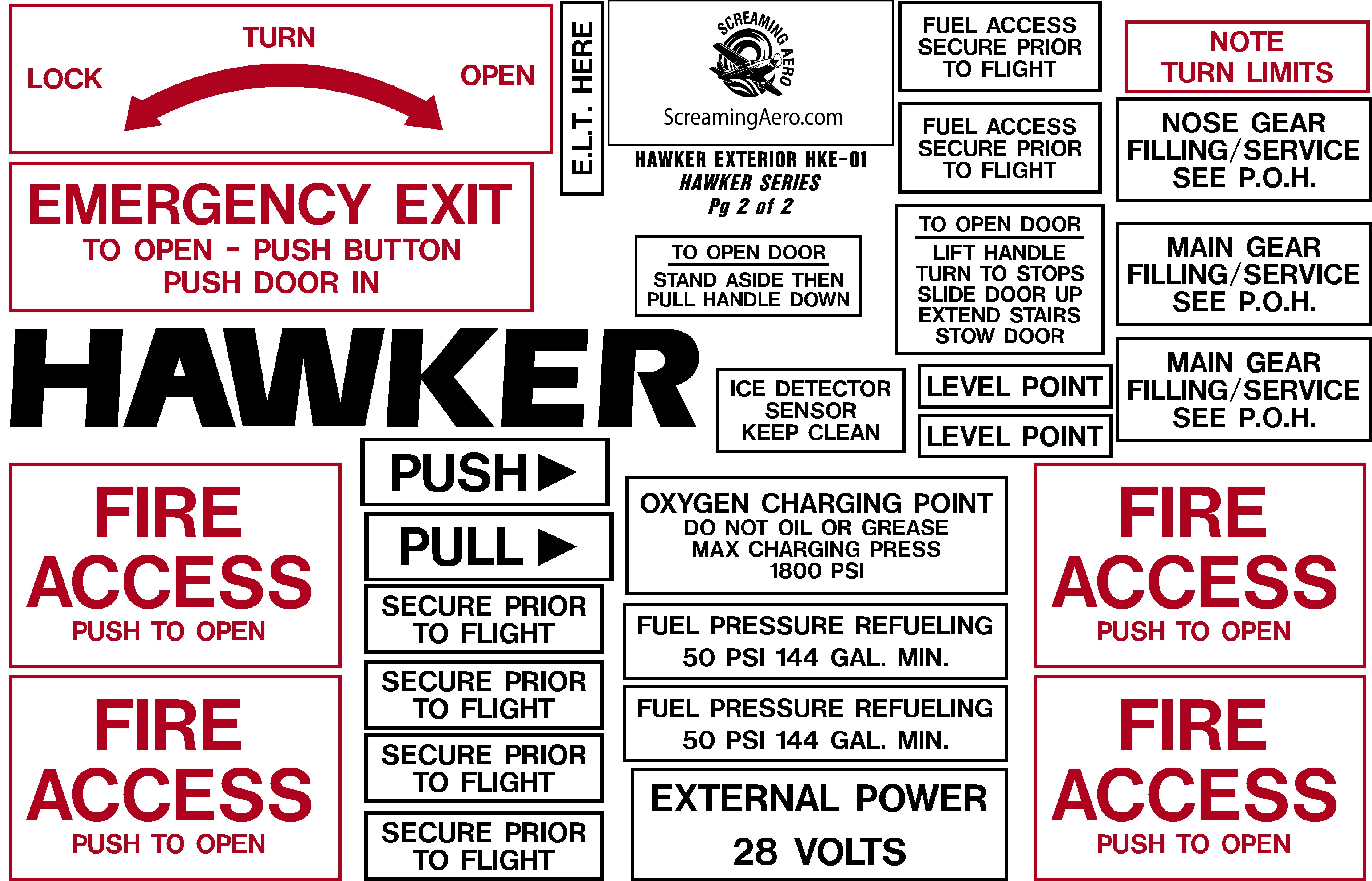 Hawker 125, 400, 600, 700 Series Exterior Placard Kit
