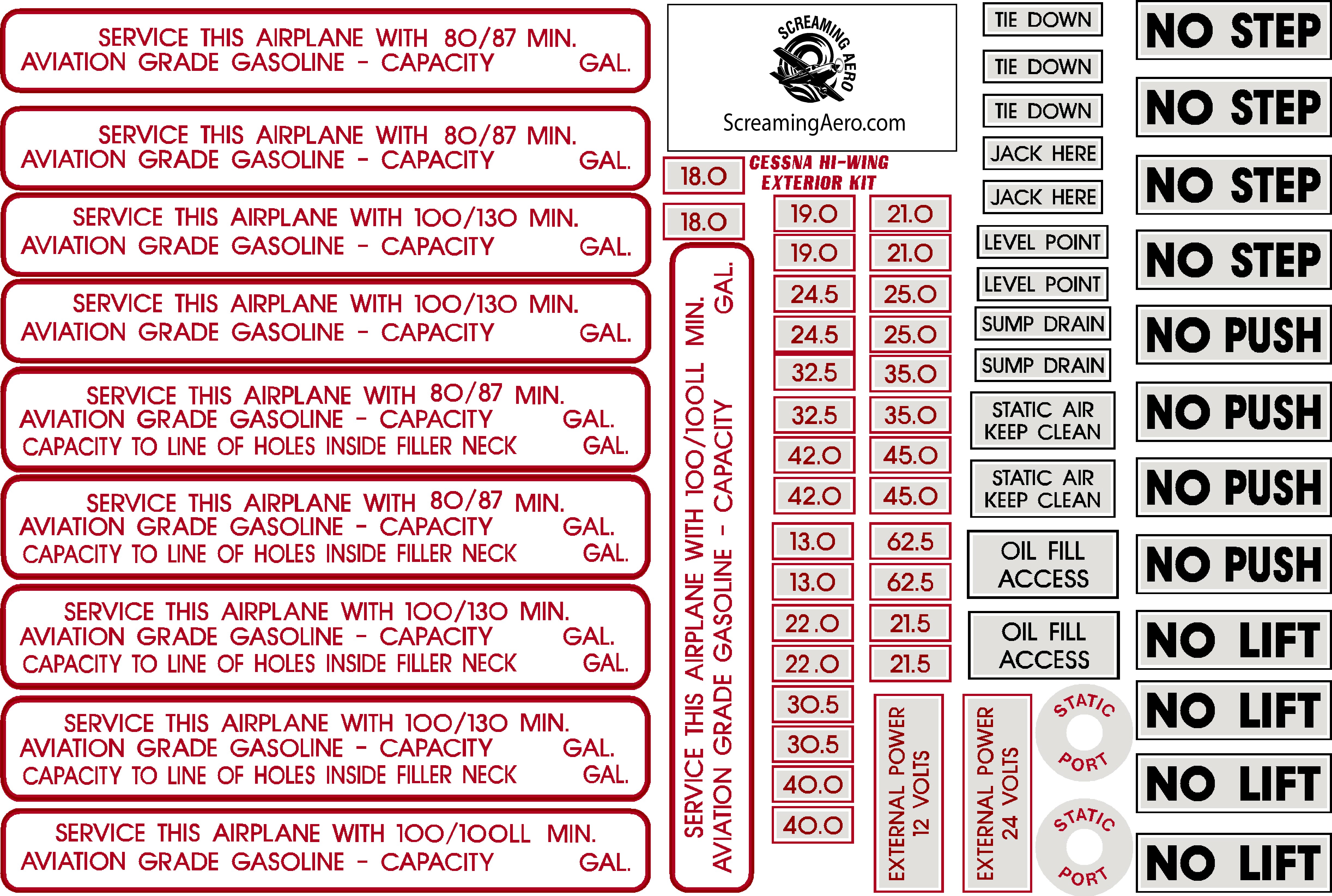 Cessna Exterior Placard Decal Kit 120 150 152 170 172 177 180 182 185 206 210