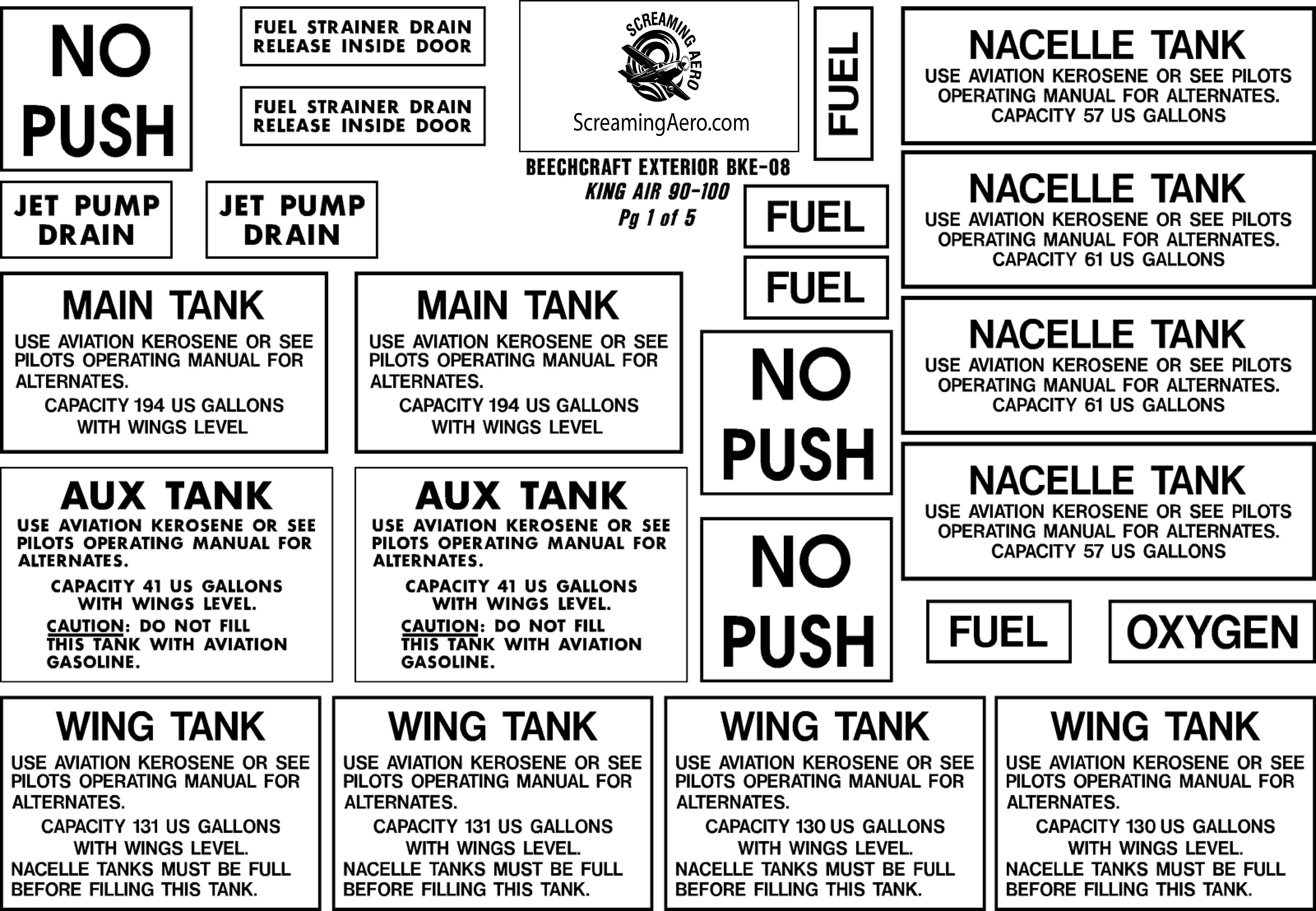 Beechcraft King 90 100 Exterior Placard Kit
