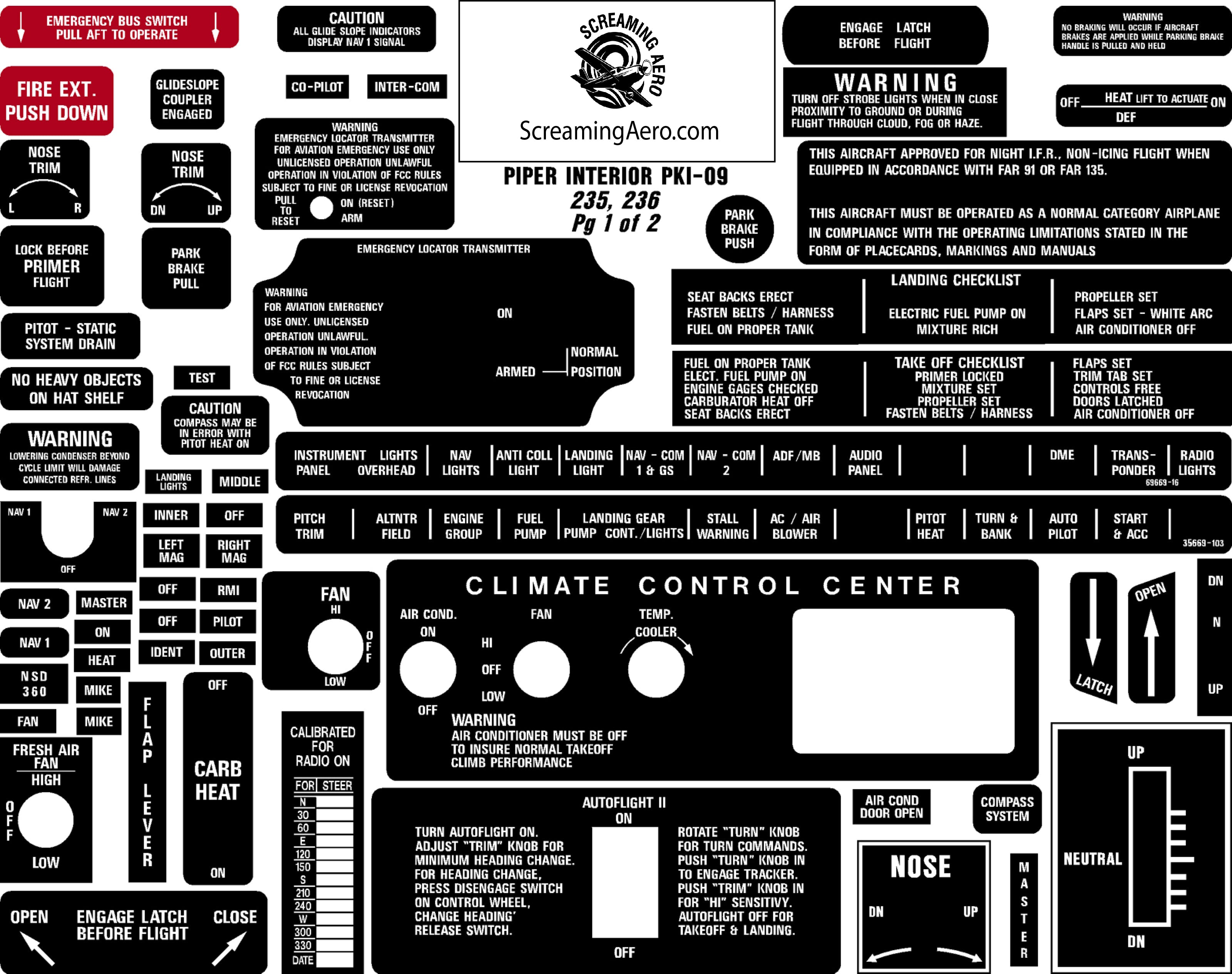 Piper PA28 235-236 Cherokee,Dakota Interior Placard Kit