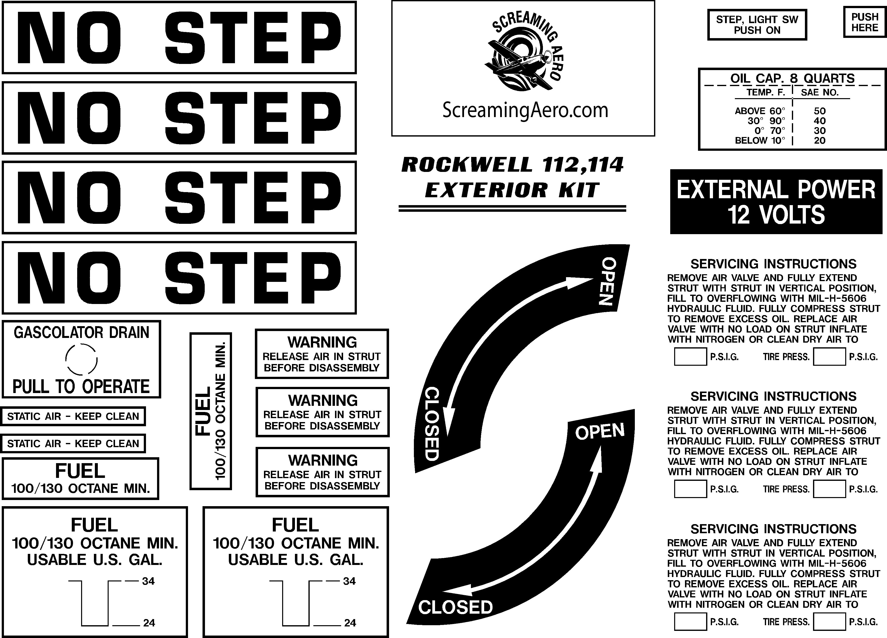 Rockwell Commander 112 114 Exterior Placard Kit