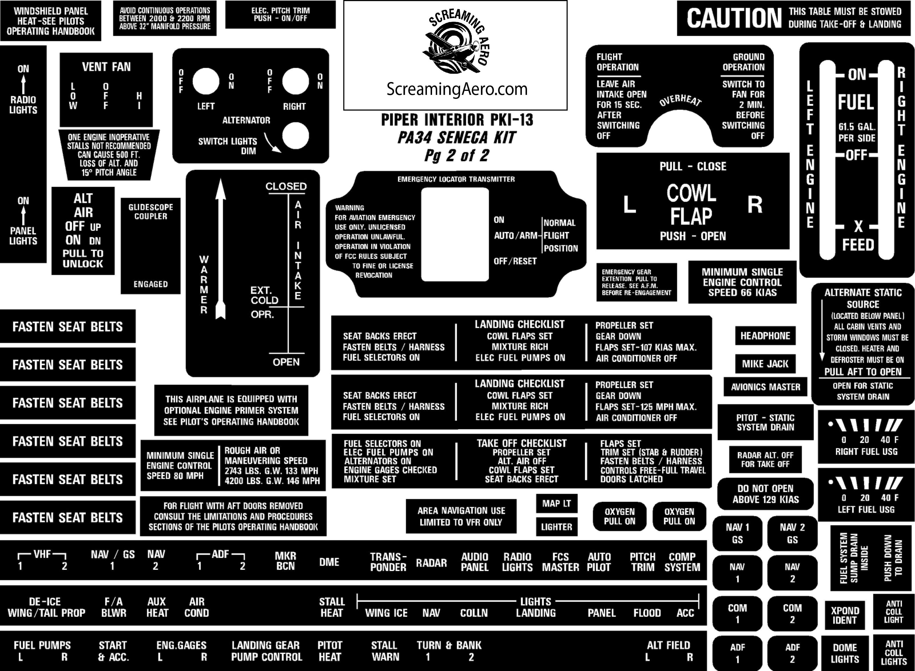 Piper PA34 Seneca Interior Placard Kit