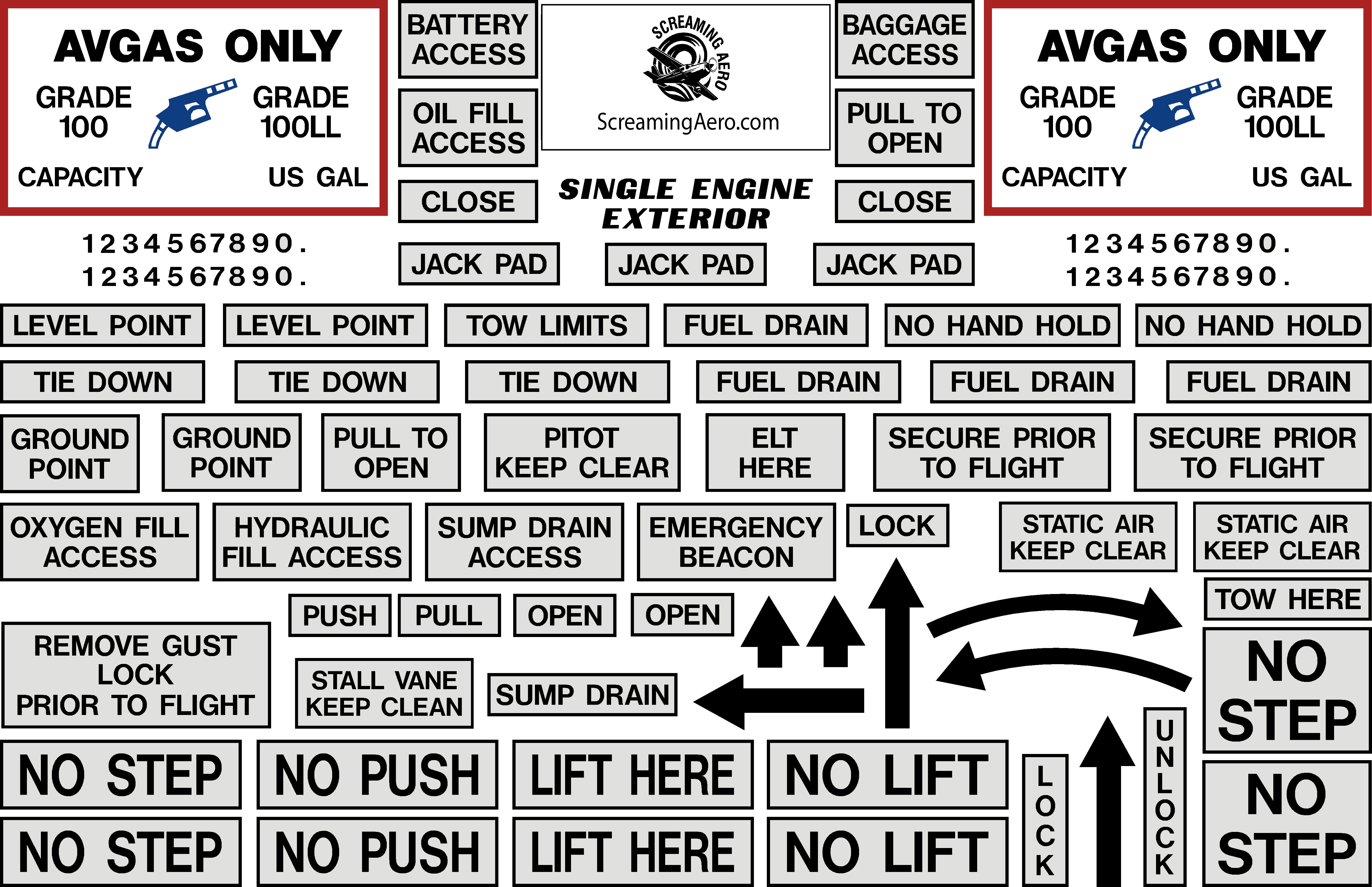 Single Engine Generic Exterior Placard Kit