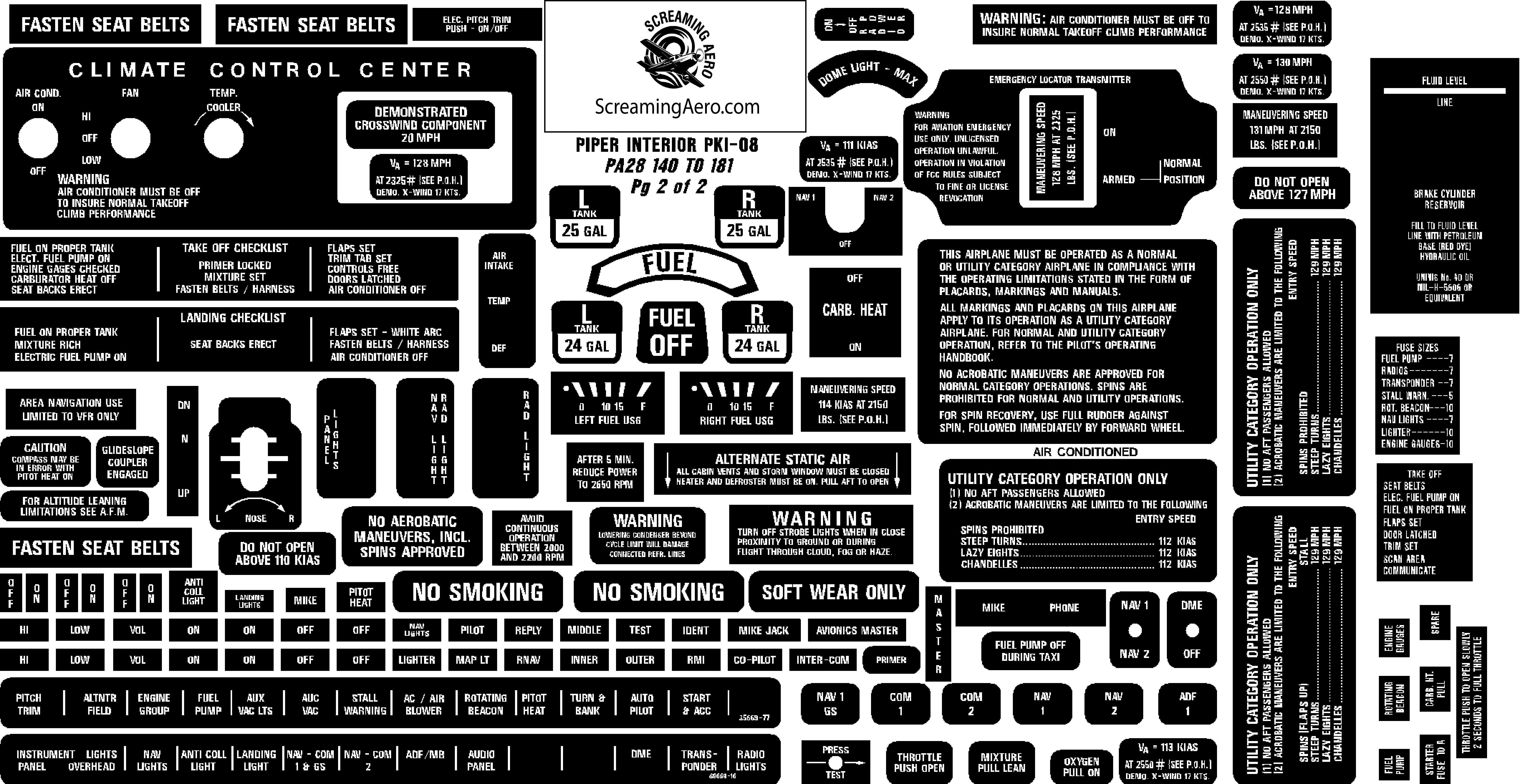 Piper PA28 140-181 Interior Placard Kit