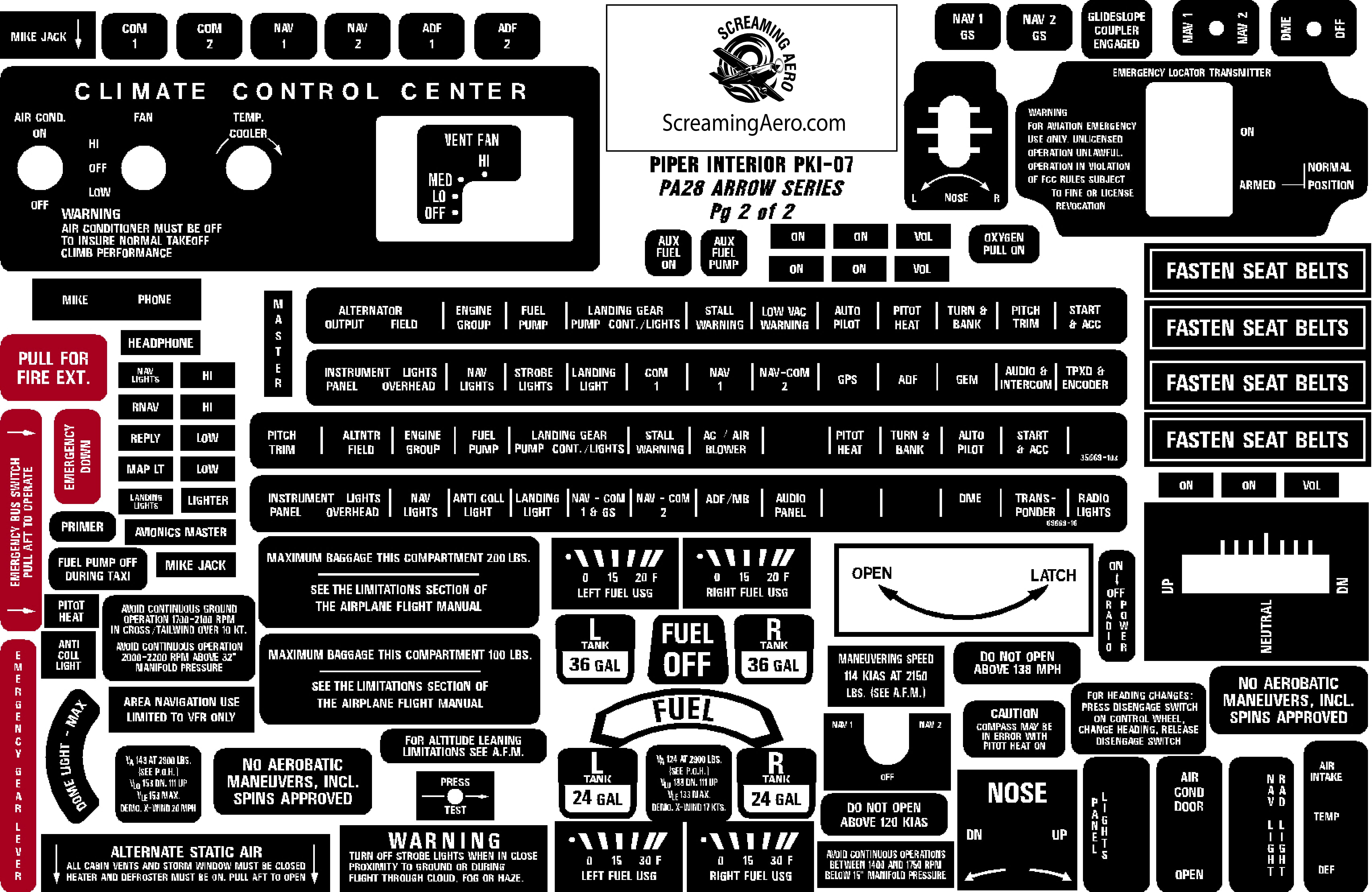 Piper PA28 Arrow Interior Placard Kit