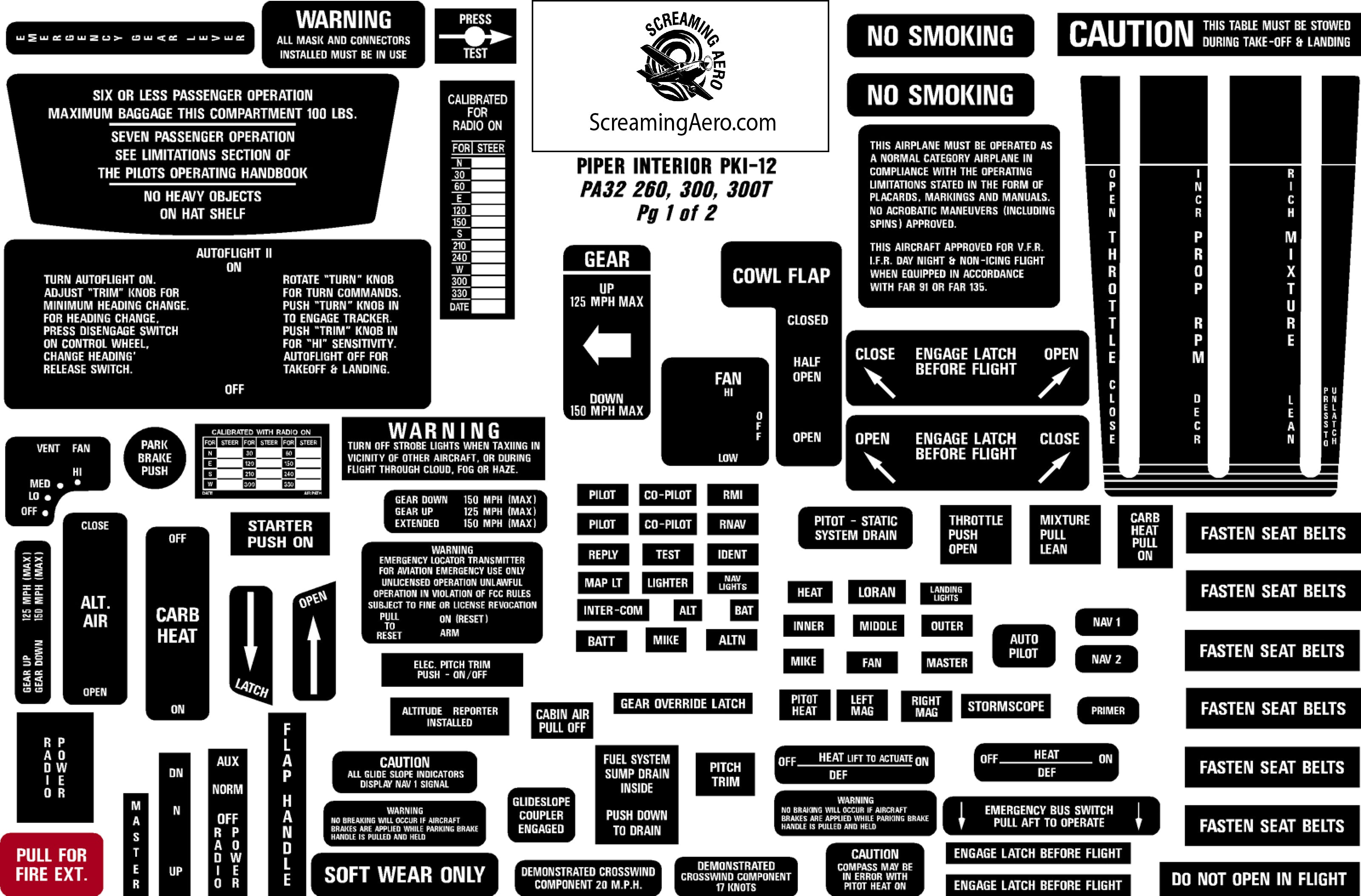 Piper PA32 260, 300, 300T Interior Placard Kit