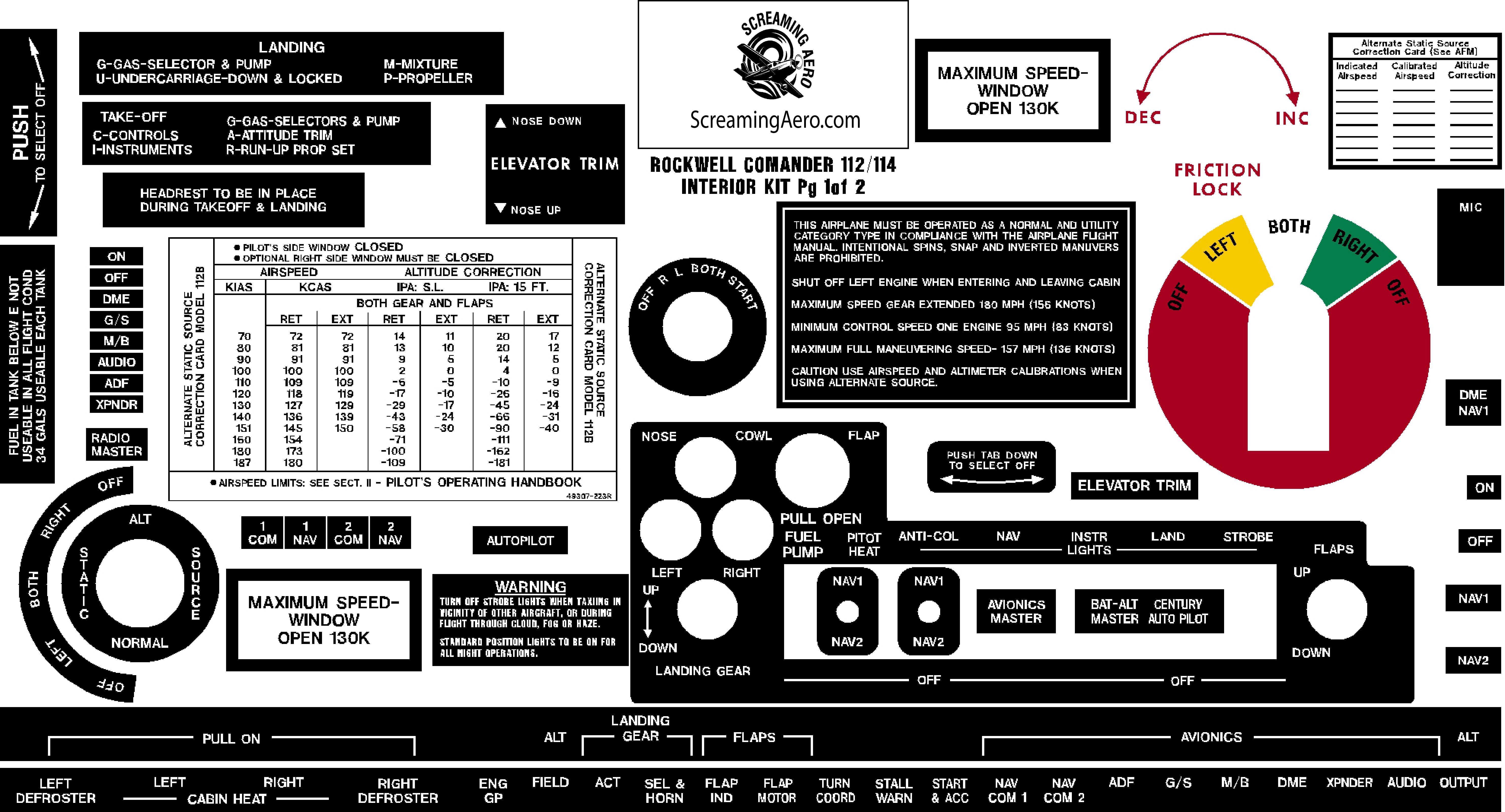 Rockwell Commander 112 114 Interior Placard Kit