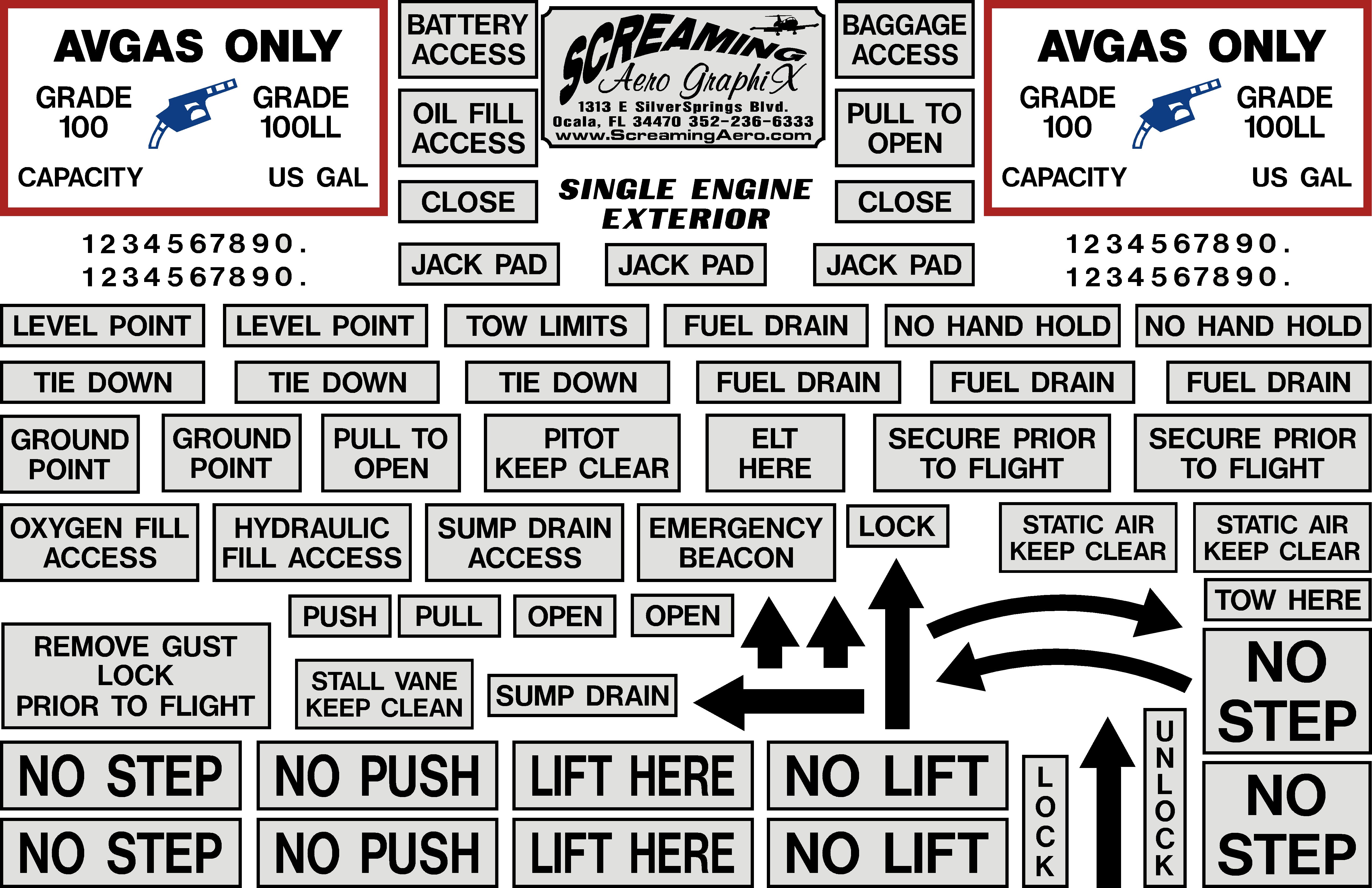 Single Engine Generic Exterior Placard Kit