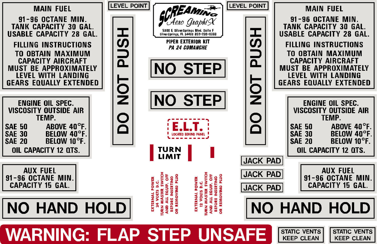 Piper PA24 Camanche Exterior Placard Kit